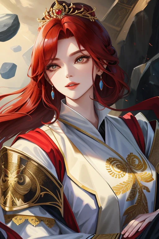 [(Super detailed: 1.2) Eyes and facial features, (Gorgeous court attire), (Slender and strong figure: 1.1), (1 female), (Carrying boulders: 2.0), (Normal chest): 0.7, Emperor temperament, red hair