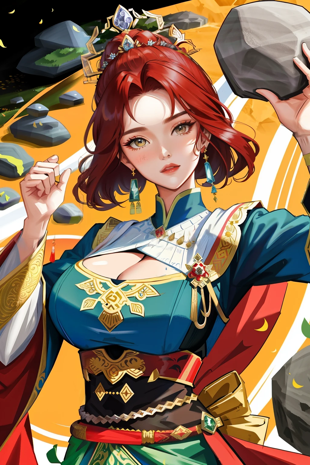 clean background, traditional garden, [(Super detailed: 1.2) Eyes and facial features, (Gorgeous court attire), (Slender and strong figure: 1.1), (1 female), (lifting up boulders: 2.0)(holding up massive rocks:1.5), (Normal chest): 0.7, Emperor temperament, red hair