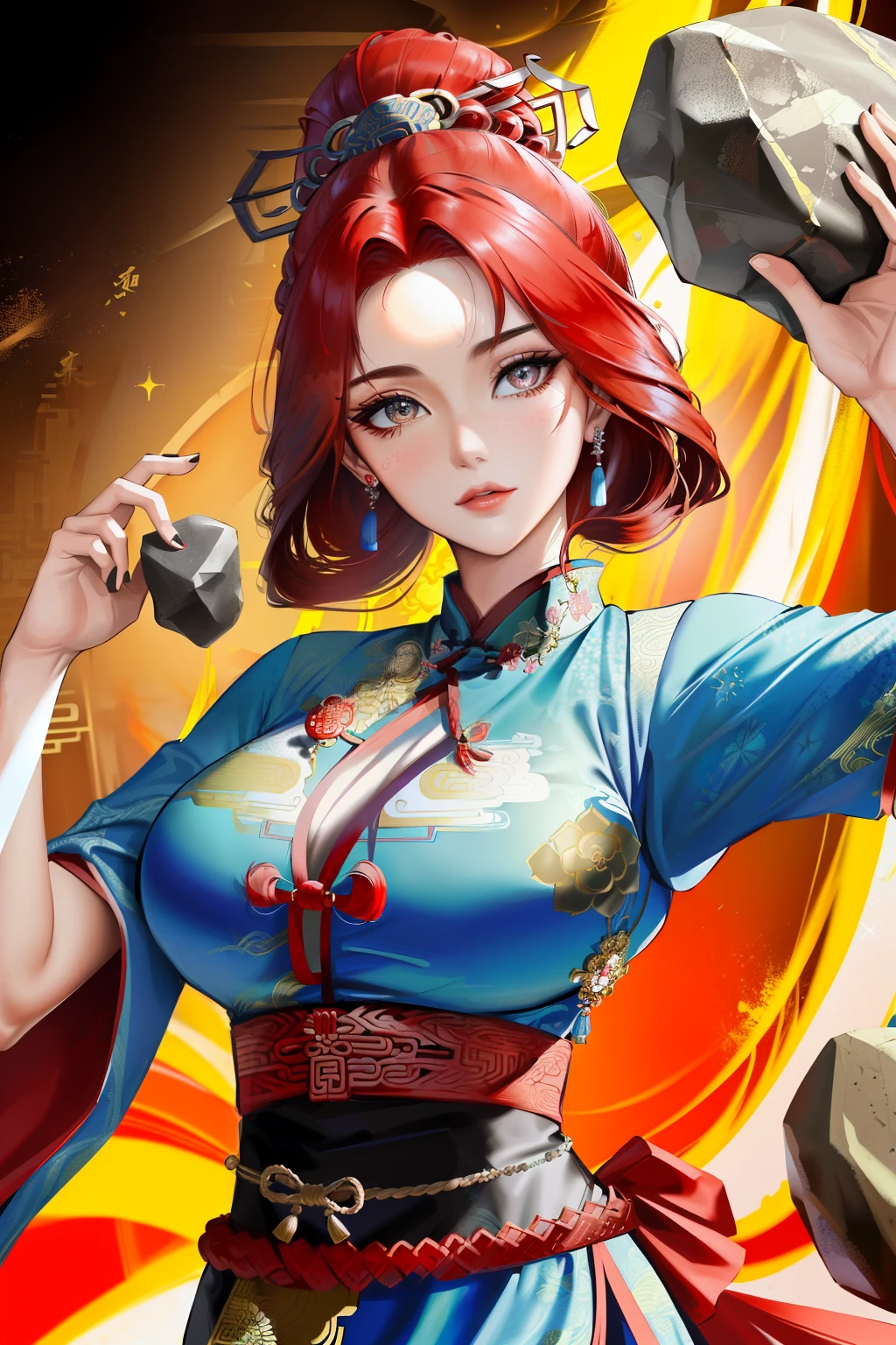 "Masterpiece, high-quality, ultra-detailed eyes and facial features. A strong-willed lady, (carrying a massive rock:1.2)(carrying a big rock:1.5), showcasing her slim yet sturdy figure with a magnificent imperial Chinese dress. Her striking red hair exudes a unique charm."