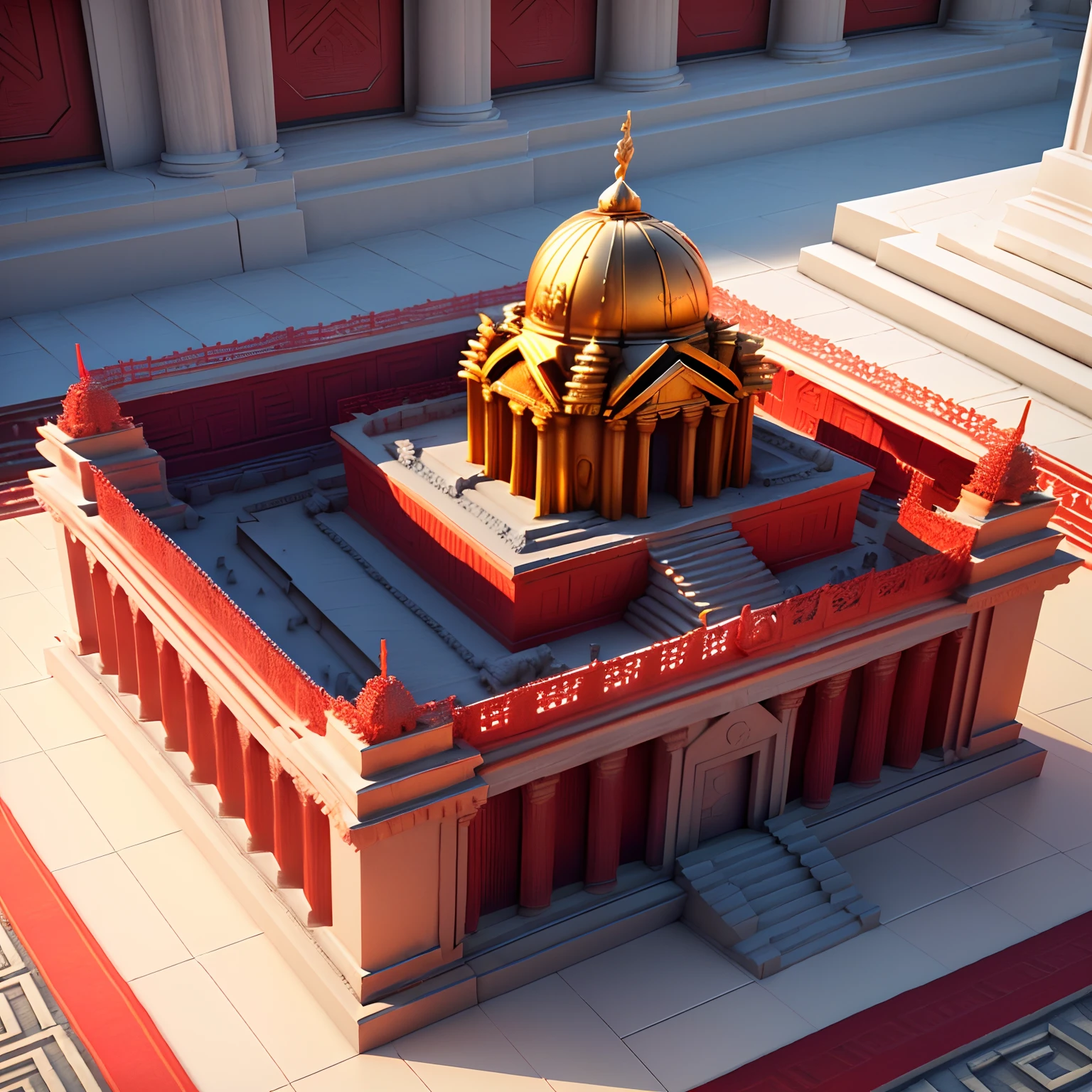 ((realist)),isometric perspective,game model,A Spartan temple building with a hero statue in the center and red carpets on both sides, (((3D rendering)))