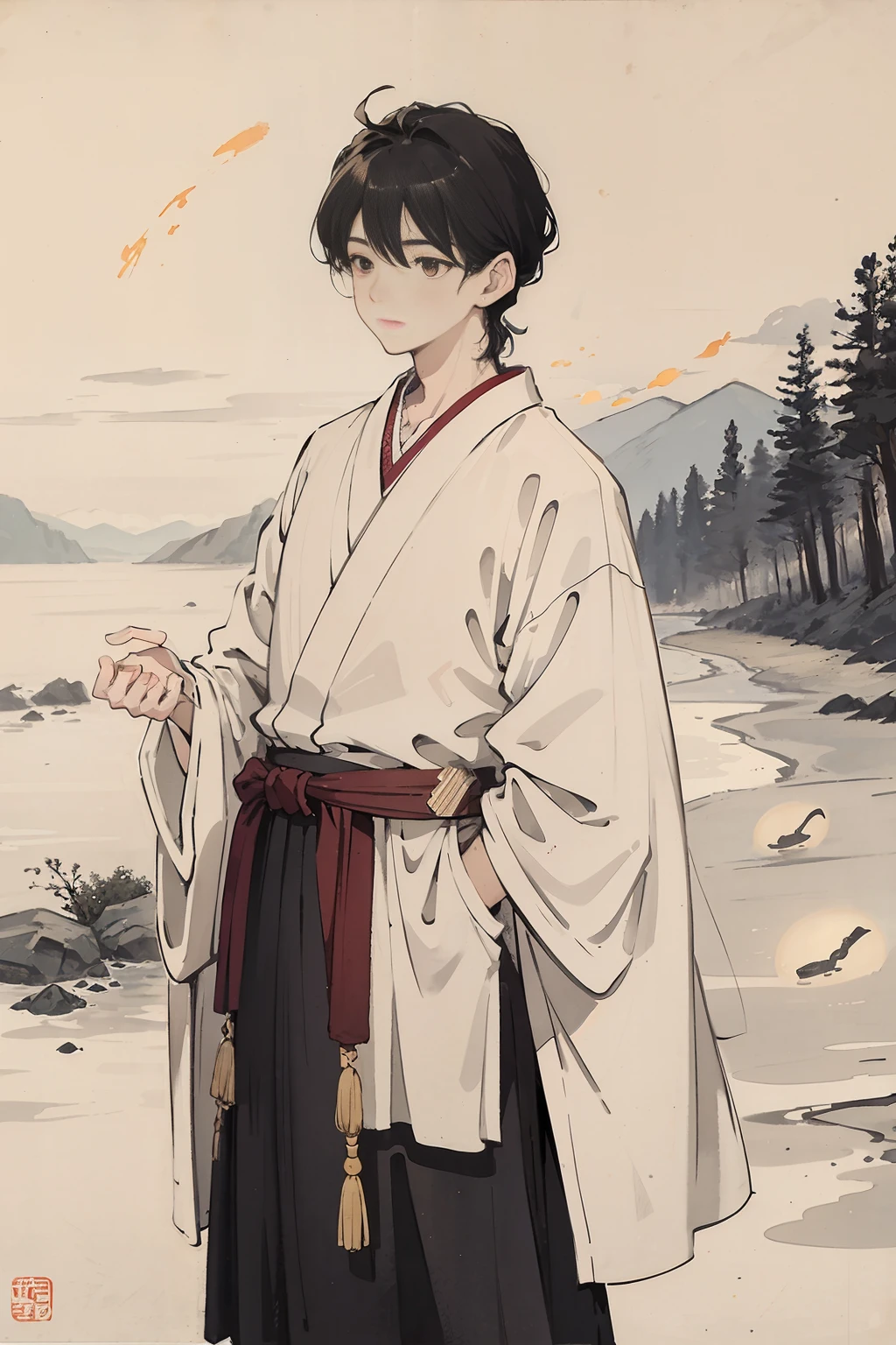 A masterpiece, the best quality The boy in the photo is dressed in an ancient silver-white robe with gold patterns, standing in the sea of clouds and looking into the distance, he seems to be lost in thought, his dark brown eyes are rippling, and the breeze blows his black hair on his forehead. The background is the dawn sky, the bright morning glow, and Feihong who has gone away. The light in the photo is a warm golden color that casts long shadows across the landscape, creating a sense of depth and texture. The detail in the photos is impressive, with every blade of grass, rock formation and cloud rendered with hyperreal precision. The majestic and majestic scenery cannot conceal the calm and quiet temperament of the boy. The high resolution of the images allows for a rich and immersive viewing experience, with every detail clearly presented. In general, this photo is a real masterpiece of composition, lighting and storytelling. It expresses the exclamation of &quot;like the dew in the morning and the sun is bitter&quot; between the pitches, reflecting the cosmic mind of traditional Chinese Confucianism.