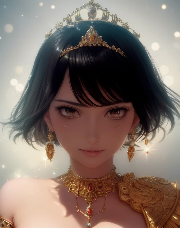 Squinting, Serious, Gold Tiara, Jewelry, Ultra Detailed, Stunning, Ultra Detailed, Realistic, Masterpiece, Busty, (Adult: 1.6), (Giggle: 0.4), Short Hair, Sparkling Eyes, Victorian Clothes, Floating particles of light, centered, neck ring, smirk, round face,