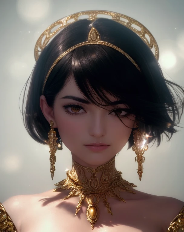 High resolution, squinting, hair flying, head down, staring, head tilted, serious, gold headgear, jewelry, ultra-detailed, stunning, ultra-detailed, realistic masterpiece, big breasts (adult: 1.6), short hair, sparkling eyes, victorian clothes, floating light particles, centered , neck ring, smirk, round face,
