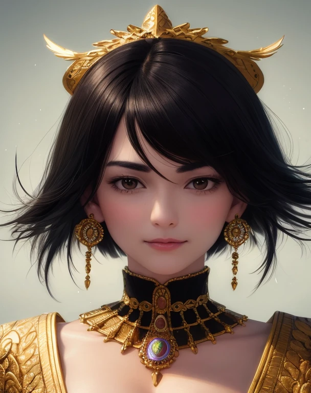 Large bird&#39;s-eye view, high resolution, squinting, raised eyebrows, flying hair, bowing head, staring, tilting head, serious, golden headdress, jewelry, ultra-detailed, amazing, ultra-detailed, realistic masterpiece, big breasts (adult: 1.6), short hair , sparkling eyes, victorian clothes, floating light particles, centered, neck ring, smirk, round face,