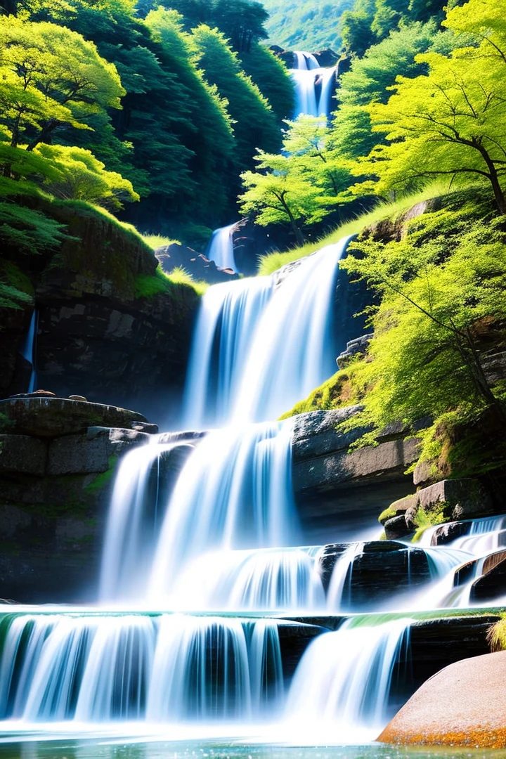 Classic beauty, Hanfu, waterfall, distant mountains, 18 years old