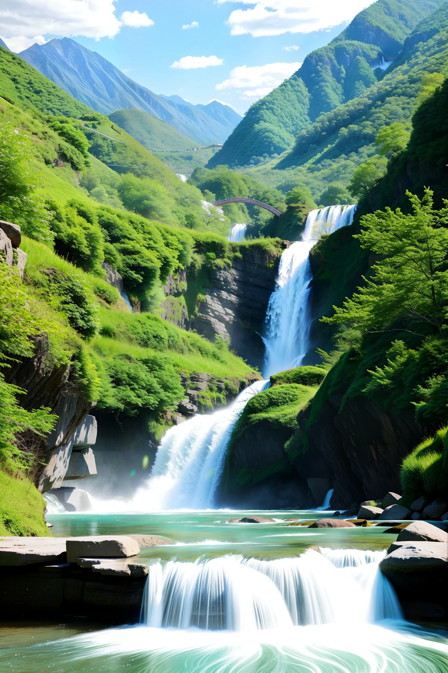 Classic beauty, Hanfu, waterfall, distant mountains, 18 years old