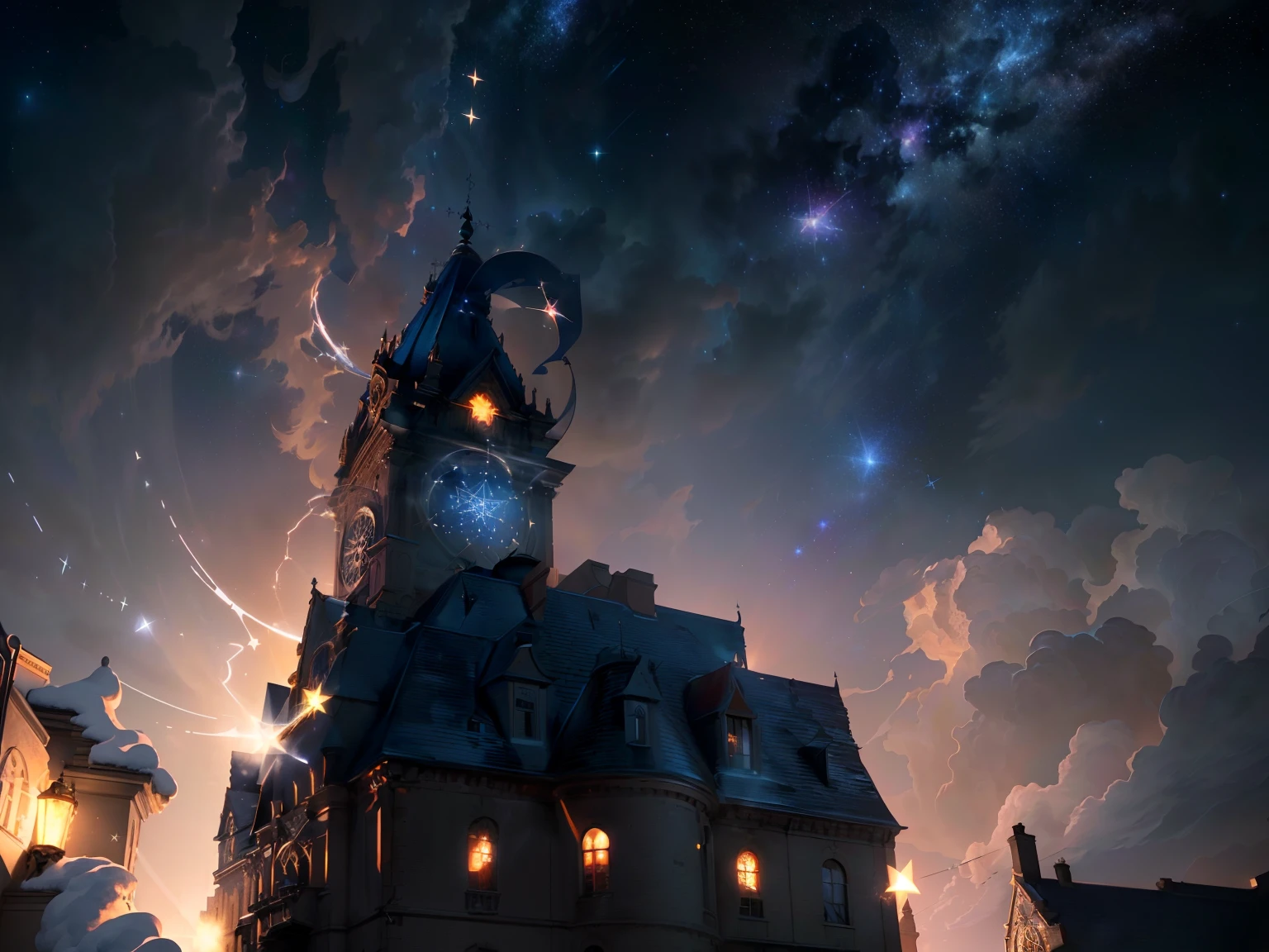 (starry sky), pentagram, beautiful, masterpiece, best quality, (very detailed CG unity 8k wallpaper), (best quality), (best illustration), fire truck with doors open, ladder, chimney, realistic lighting, exquisite Delicate lighting, artwork,