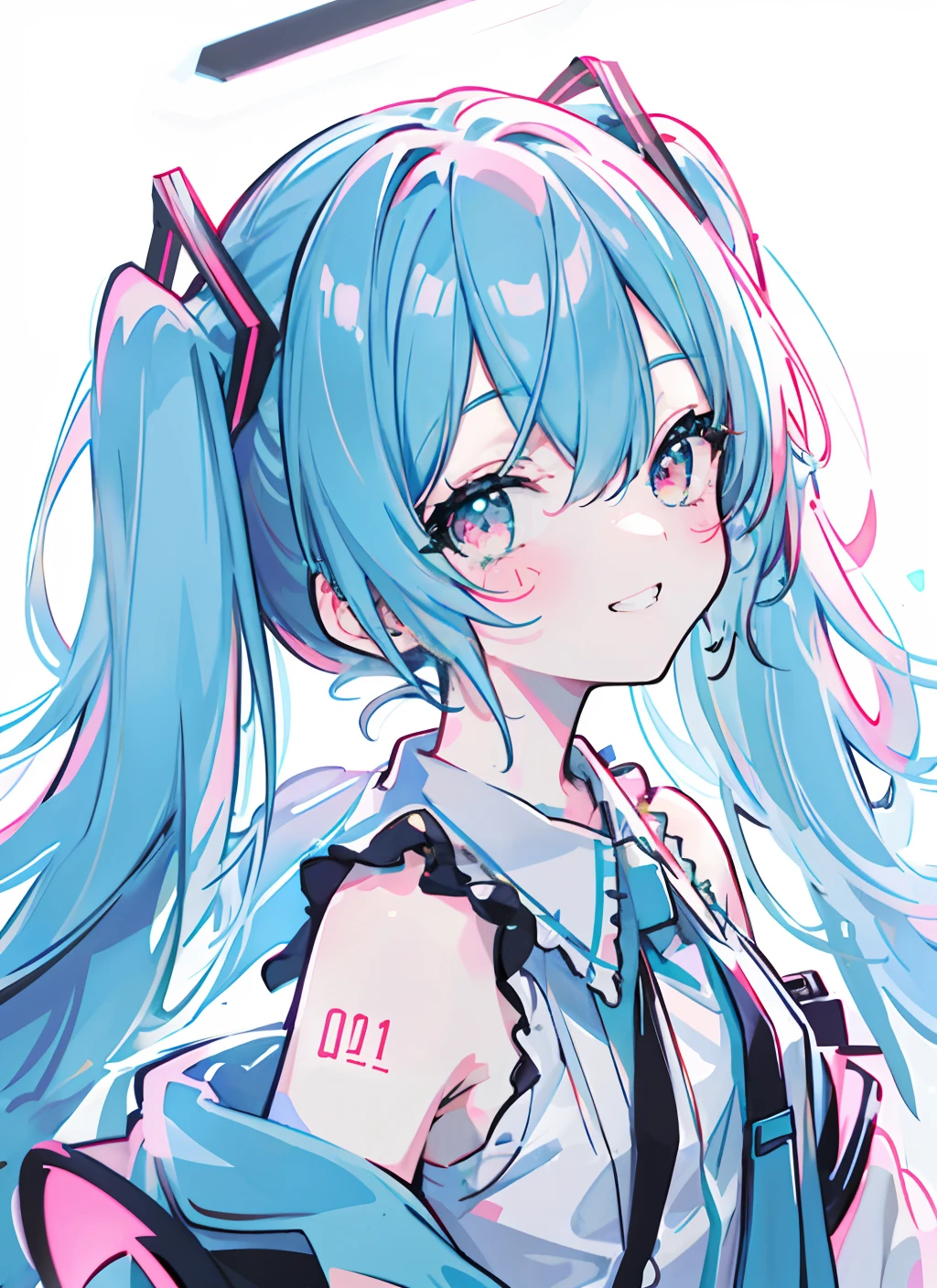 (masterpiece), (best quality),(miku),1girl,upper body,blush,grin,happy,backlight, lam_style, colorful_hair, facial_mark, neon_palette, miku，初音未来，halftone,