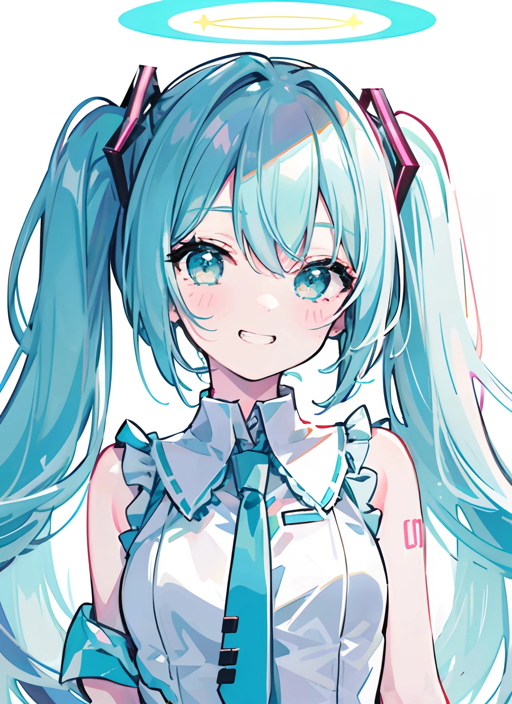 (masterpiece), (best quality),(miku),1girl,upper body,blush,grin,happy,backlight, lam_style, colorful_hair, facial_mark, neon_palette, miku，初音未来，halftone,