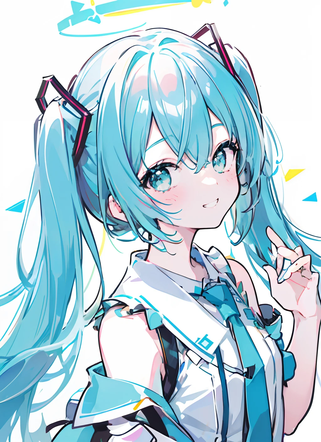 (masterpiece), (best quality),(miku),1girl,upper body,blush,grin,happy,backlight, lam_style, colorful_hair, facial_mark, neon_palette, miku，初音未来，halftone,