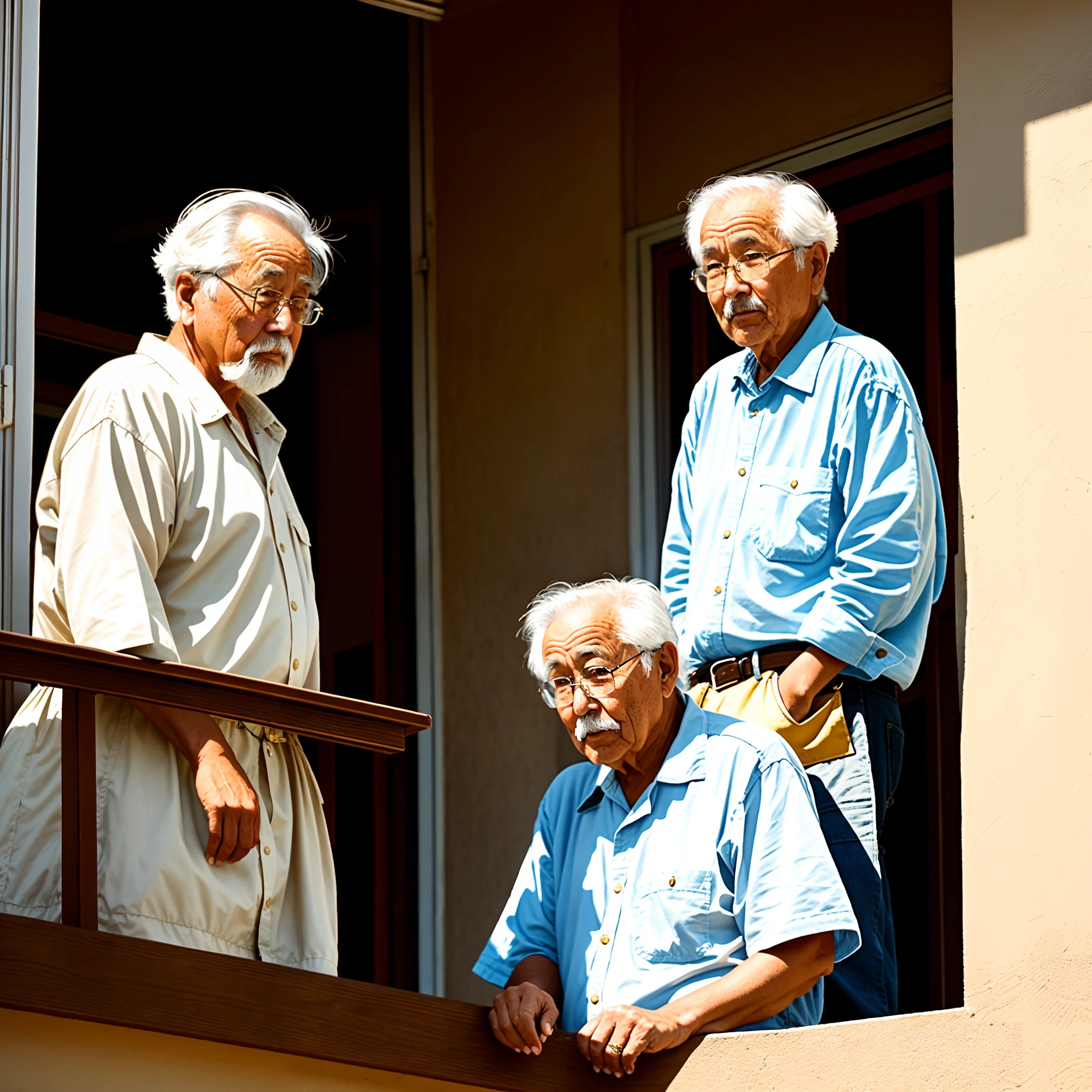 An old man in the style of model shooting is sitting on a rattan chair on the balcony, painting with an oil brush the appearance of his deceased wife when she was young, and standing behind them is their daughter, who is talking about opinions, and the warm sunlight on the balcony hits them. Both were dressed in plain clothes. There are also many beautiful flowers on the balcony. Emotional, highly detailed, clean, sharp focus, attractive, high quality, masterpiece, award-winning art, happy mood, aestheticism