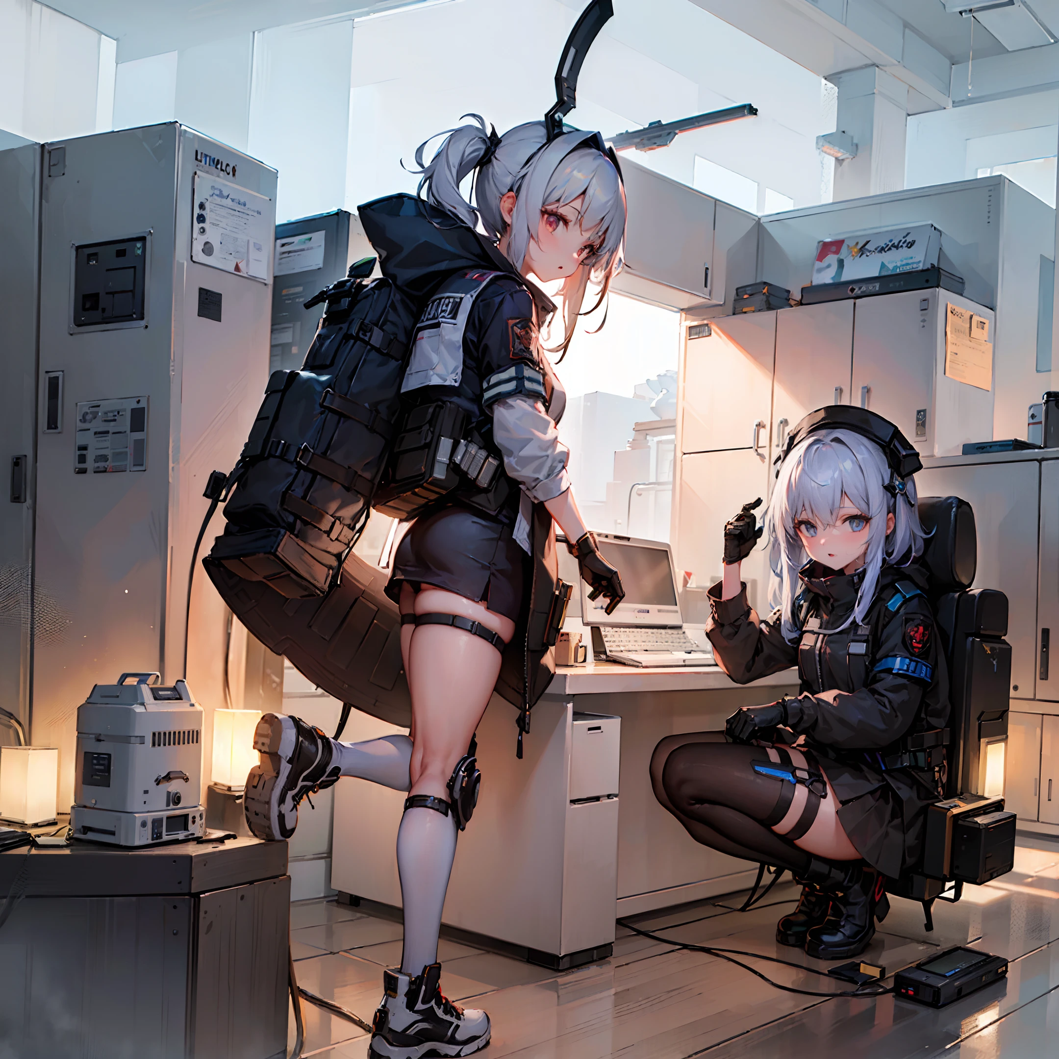 ((High Quality)), ((Masterpiece)), 8k, 2girls, bulletproof vest, ray, extremely detailed CG unity 8k wallpaper, game cg, looking at viewer, gloves, boots, full body, watch, computer, mask, no man-machine, robotic arm
