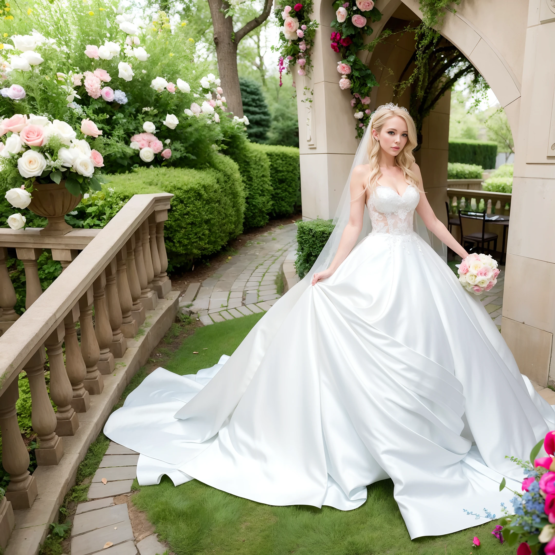 Blonde bride with blue eyes and delicate skin, half realistic, full body wedding dress, satin wedding dress,