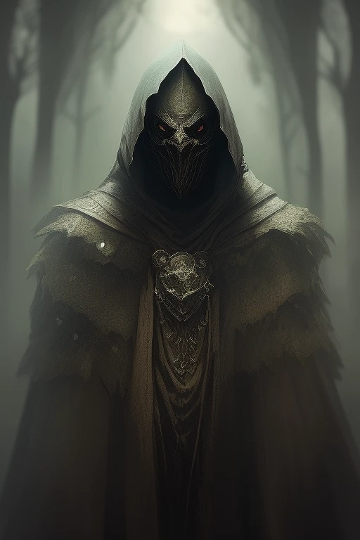 Medieval beak mask, black feather cloak, lantern around waist, shield tied in left hand, long sword in right hand, Lovecraft, Harry Potter dementor skin