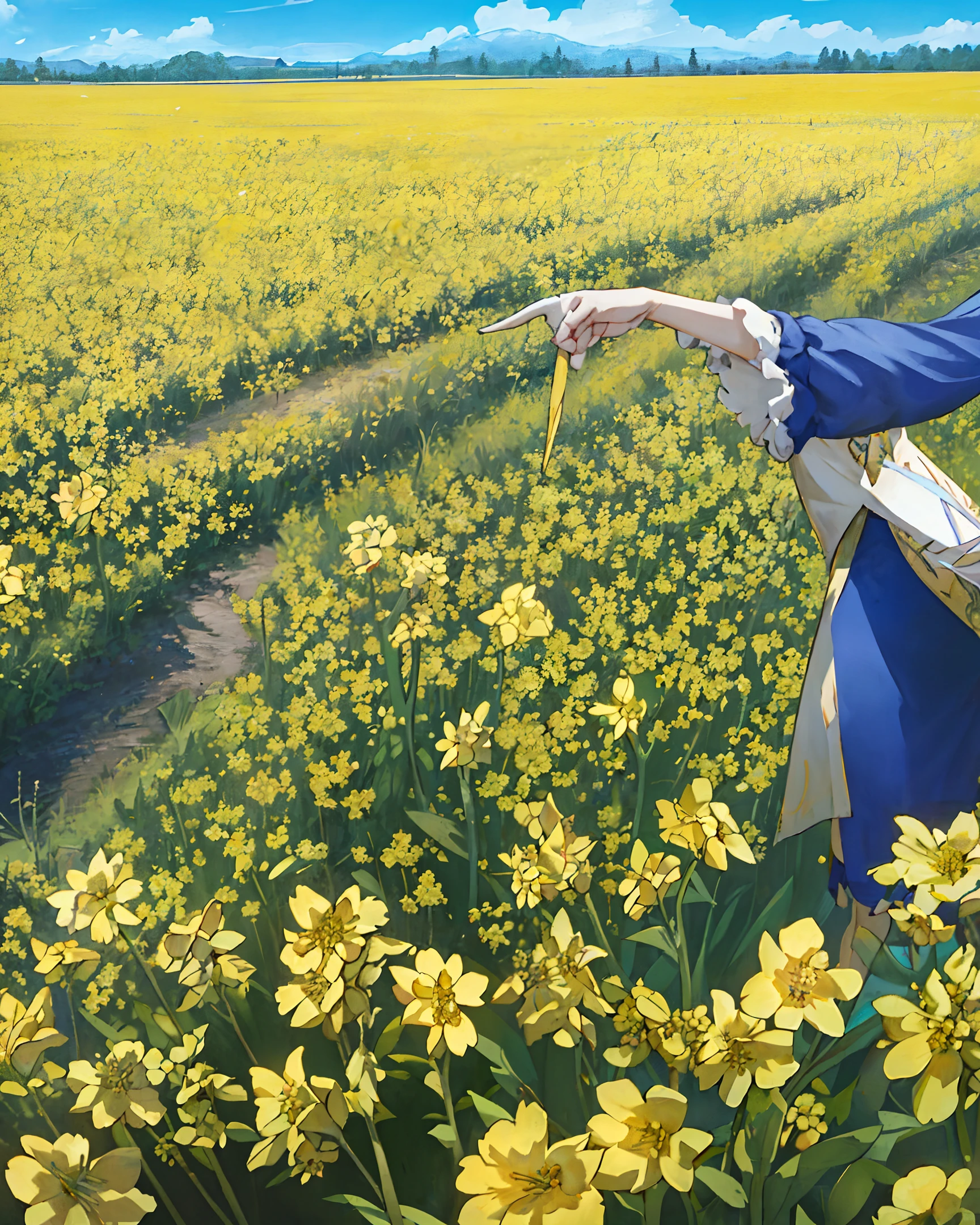 Fields of canola flowers sway in the breeze, basking in the warm sun. The bright yellow blossoms contrast beautifully against the clear blue sky, creating a stunning and picturesque landscape. The subtle details of the delicate petals and leaves are captured with ultra-detailed precision in this masterpiece, providing an incredibly realistic and immersive viewing experience.
