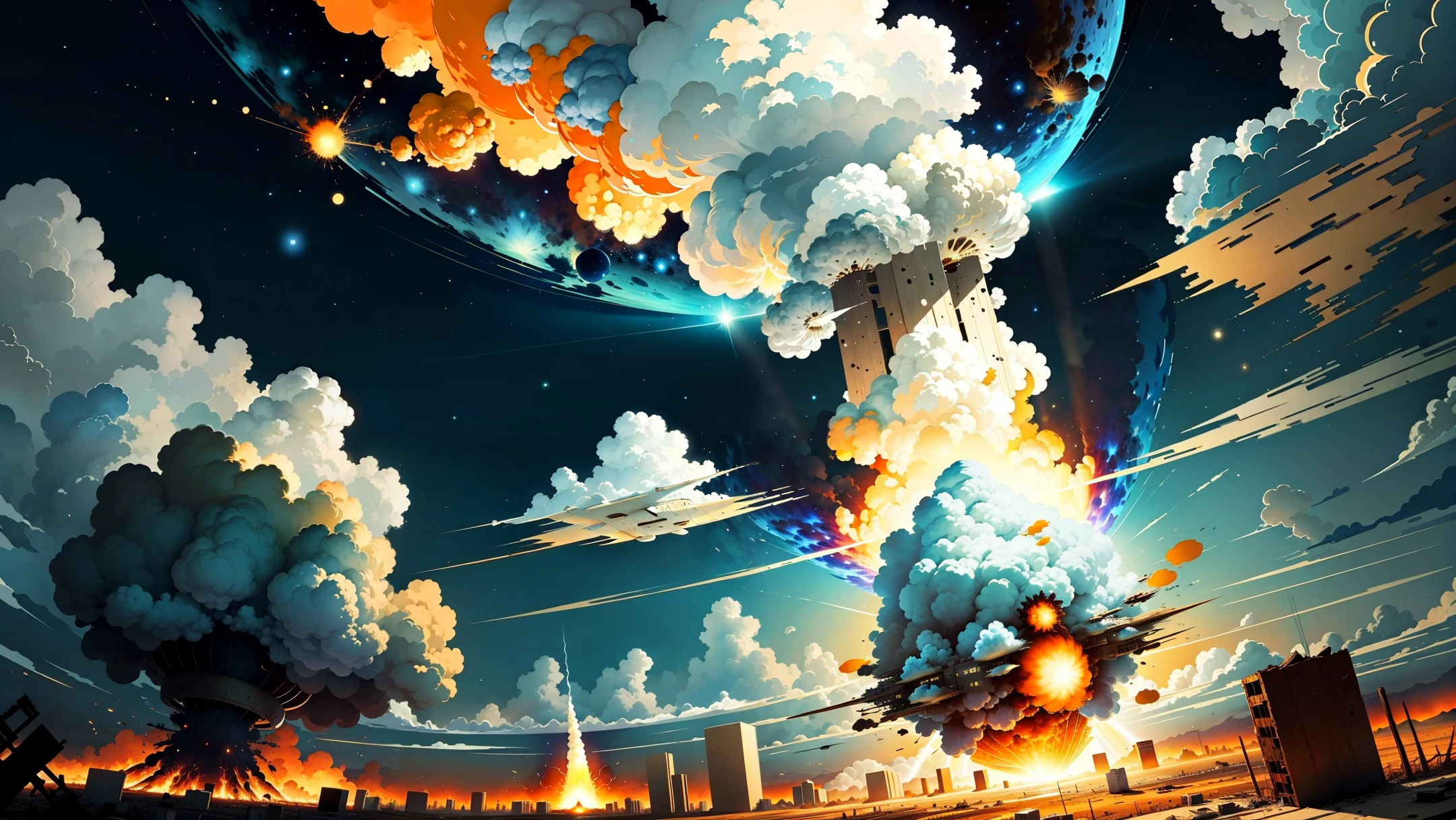 It was the end of the world, the sky was unusually blue, there was no cloud at all, there was a white atomic flying in the sky, and the propelling flames could still be seen. When it hit the ground, it exploded. After the explosion, there was no other life around. The sky turned dark brown, very yellow, and there were pieces of wood everywhere.