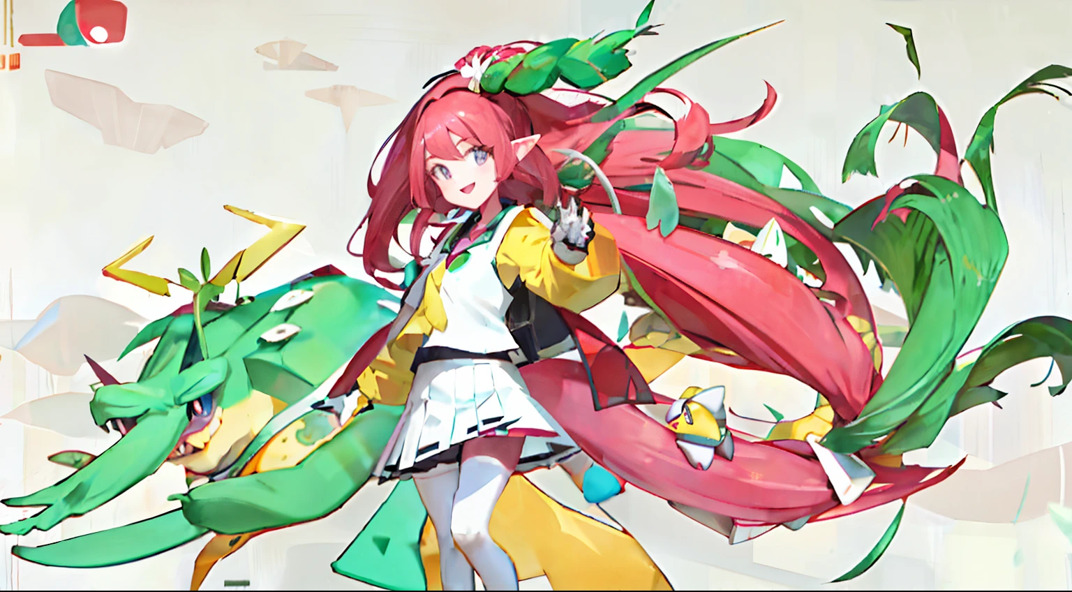 sugimori ken \(style\), 1girl, breasts, green eyes, mint green hair, twin_braids, white shirt, flower necktie, white beret, skirt, creatures \(company\), dynamax band, game freak, gloria (pokemon), gloves, high resolution, legs, looking at viewer, nintendo, official art, pokemon, pokemon\(game\), pokemon swsh, light smile, sugimori ken, band\(illustrator\), stadium background, ( blastoise: 1.2), (gengar:1.2), (Pokemon\(creature\) :1.2) masterpiece, exquisite, high-definition, furry, non-human face, air wave, red and green hair, long hair, Pokémon with elf wings , the right arm is raised high, white skirt, yellow skin, ruby inlaid on the chest, soft chest, Pokémon, Xanadu, super power, crystal clear eyes.