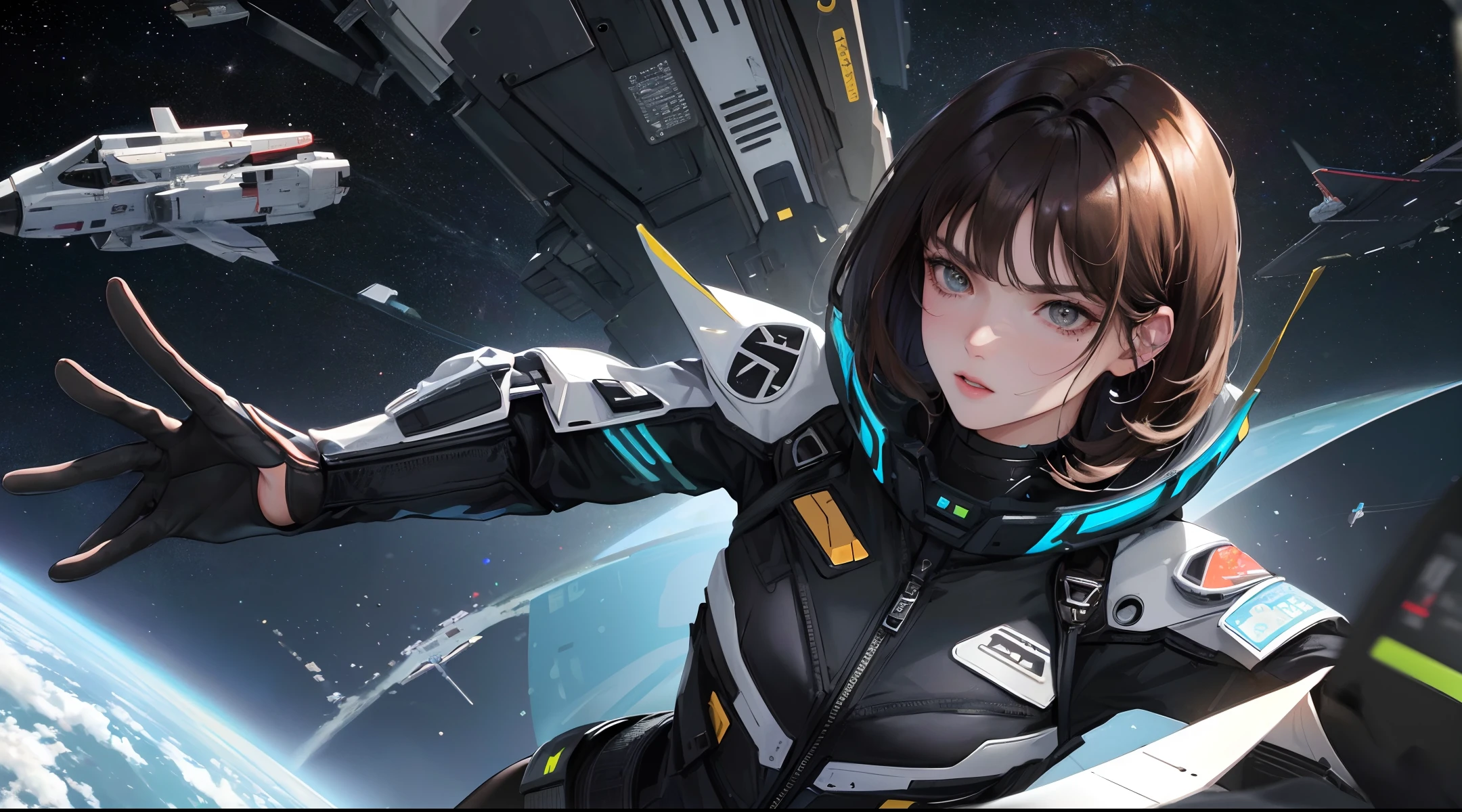 (highest resolution, clear image) best quality, couple, woman, masterpiece, high detail, semi-realistic, black short hair, brunette, bangs, 21 years old, communicator, mature, black tights, black flight suit, space background , serious, authoritative, powerful, delicate face