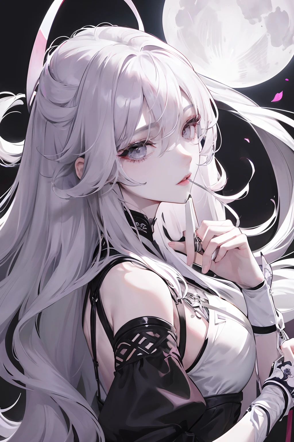 Masterpiece Best Night Full Moon 1 Female Mature Female Elder Sister Yu Sister Cold Face Expressionless Silver White Long Hair Woman Light Pink Lips Calm Intellectual Three Bands Gray Eyes Assassin Short Knife, Flowers, Hand Details, Finger Details,