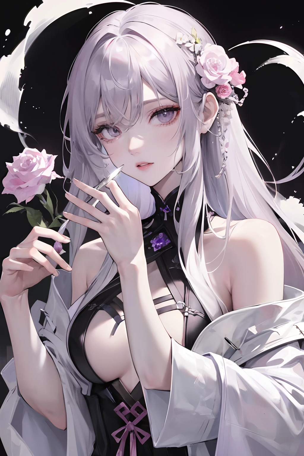 Masterpiece Best Night Full Moon 1 Female Mature Female Elder Sister Yu Sister Cold Face Expressionless Silver White Long Hair Woman Light Pink Lips Calm Intellectual Three Bands Gray Eyes Assassin Short Knife, Flowers, Hand Details, Finger Details,