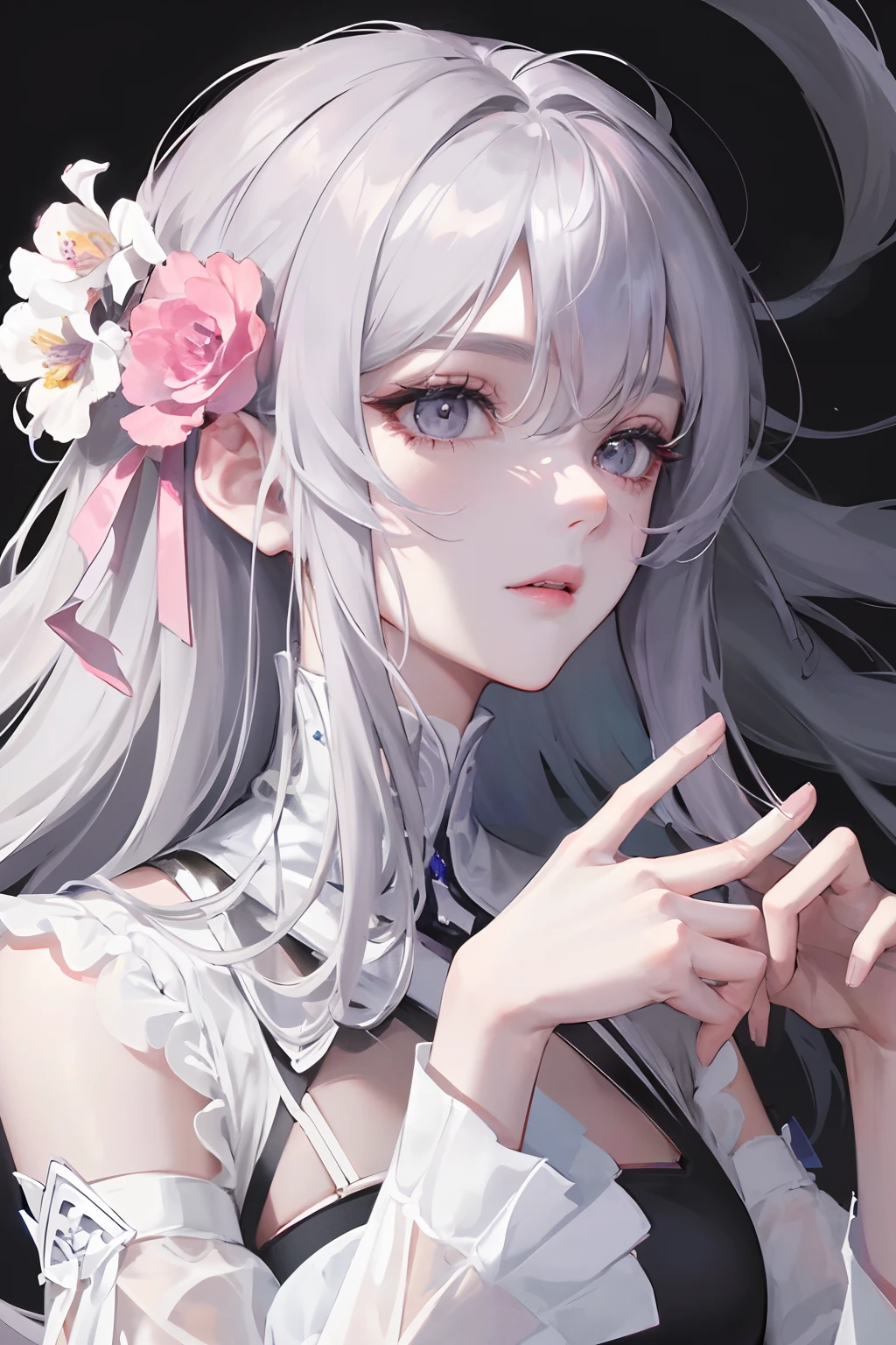 Masterpiece Best Night Full Moon 1 Female Mature Female Elder Sister Yu Sister Cold Face Expressionless Silver White Long Hair Woman Light Pink Lips Calm Intellectual Three Bands Gray Eyes Assassin Short Knife, Flowers, Hand Details, Finger Details,