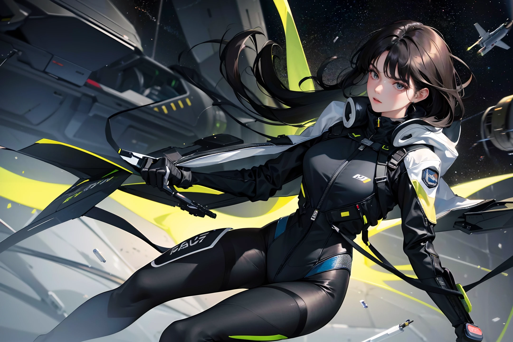 (highest resolution, clear image) best quality, a woman, masterpiece, high detail, semi-realistic, short black hair, dark hair, bangs, 21 years old, reporter, mature, black tights, black flight suit, space background , serious, authoritative, delicate face