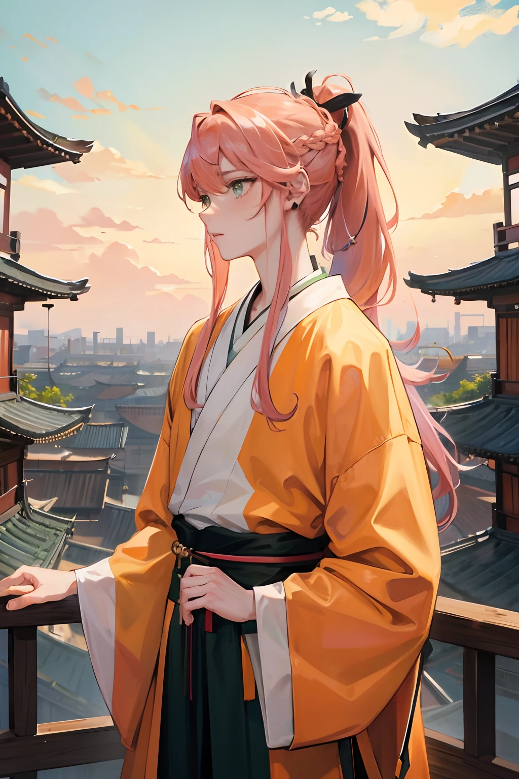 Masterpiece, best quality, official art, 8k wallpaper, very detailed, illustration, ((1 person)), delicate eyes, adult male, male focus, green eyes, solo, braid, ponytail, one person, simple background, Long hair, upper body, calm eyes, pink hair, orange hair, bangs, East Asian architecture, Hanfu, sword in right hand, Chinatown, landscape