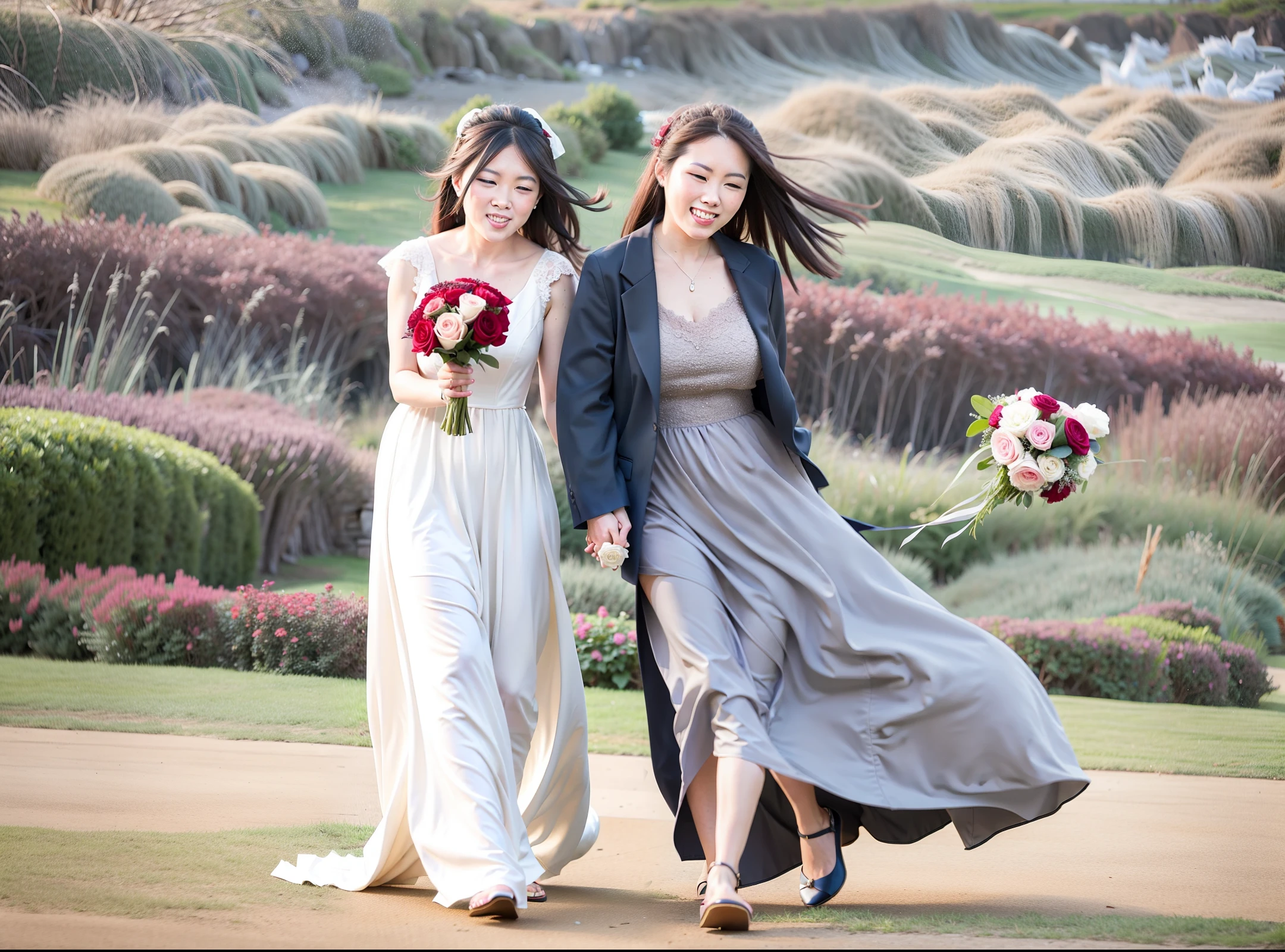Taking wedding photos with the wind blowing on the lawn by the sea