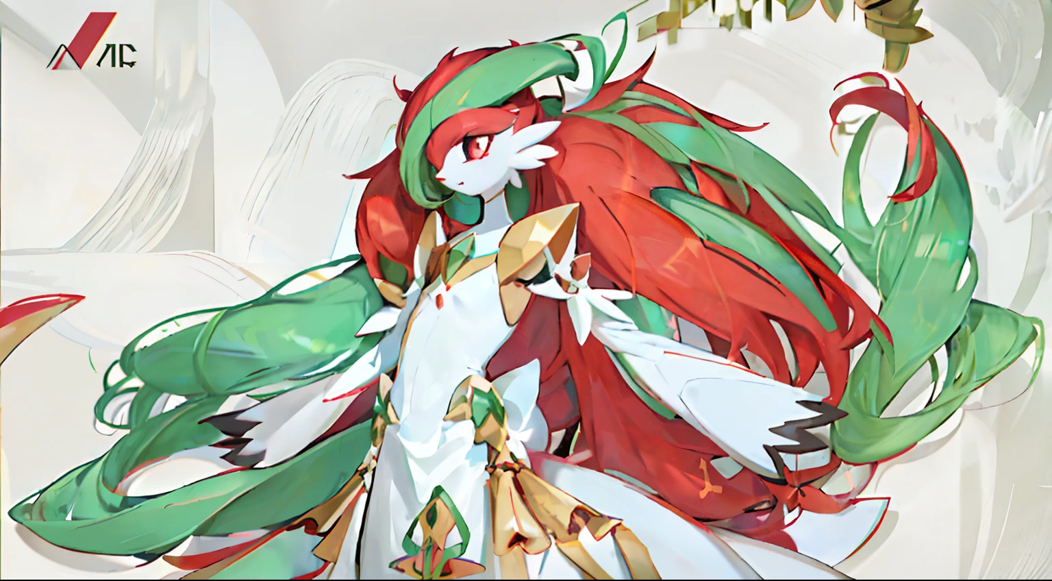 (Gardevoir) masterpiece Pokémon Furry Xanadu Xanadu side face red triangle inlaid on the chest Delicate, ultra-delicate and sexy Xanadu White dress Red and green long hair Looking up at the beautiful legs Slim waist Slim waist Super power, glowing eyes, raised head, vast The field of view, under volume lighting, chest up.