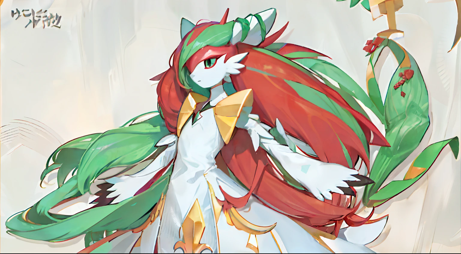Masterpiece, Pokémon, furry, Gardevoir, Gardevoir, side face, red triangle inlaid on the chest, delicate, super detailed, sexy, high cold, Gardevoir, white dress, long red and green hair, looking up, beautiful thighs, Slender waist, super powers, glowing eyes, raised head, great perspective, lighting according to volume, chest up.