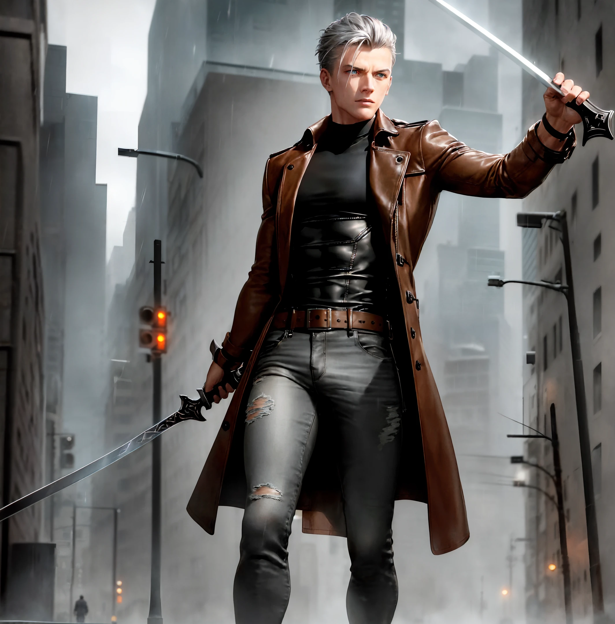 muscular male, wearing brown leather trench coat, wearing grey jeans, wearing black dress shirt, wearing brown combat boots, blue eyes, short swept-back silver hair, grey skin, wielding longsword, full body, night, urban environment, post-apocalyptic, rain, dynamic pose, 8k, Unreal engine, highly detailed, photorealistic