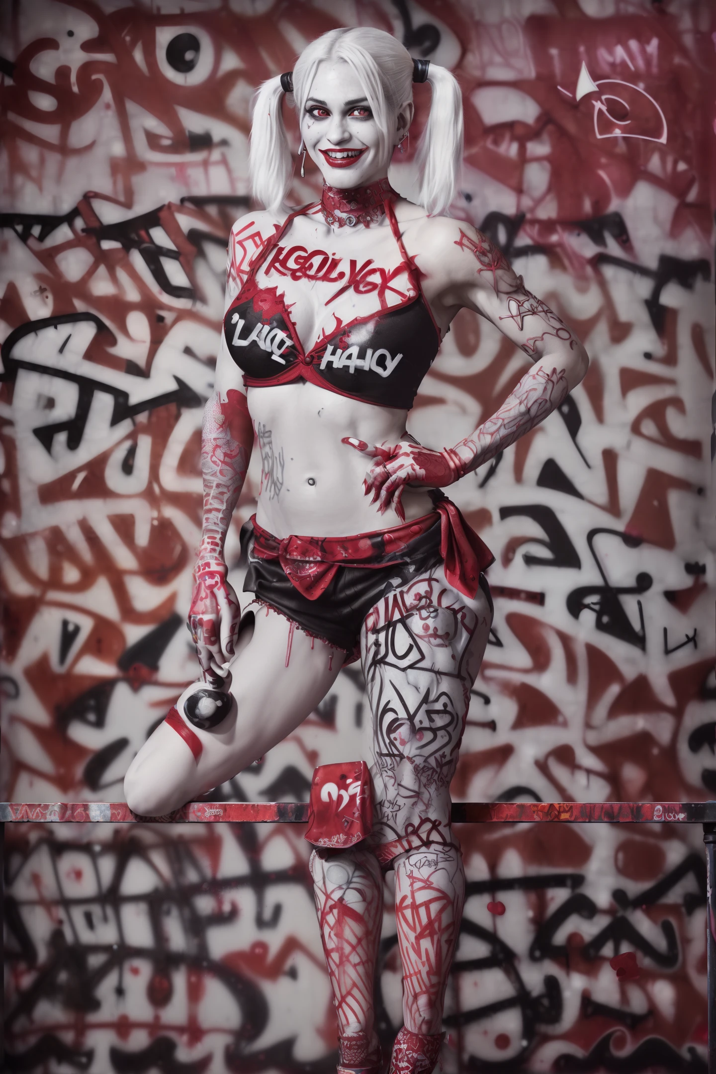 full body portrait of harley quinn (blood, cards, highly detailed:1.3), (highly detailed face:1.8), (evil smile:1.3),  (slim body, medium breasts, wide hips:1.5), (leaning back on the bar:1.5), (background inside a dark, old, graffiti:1.4), (soft studio lighting, volumetric shadows, red accents), JCH Street Pan, ISO 100