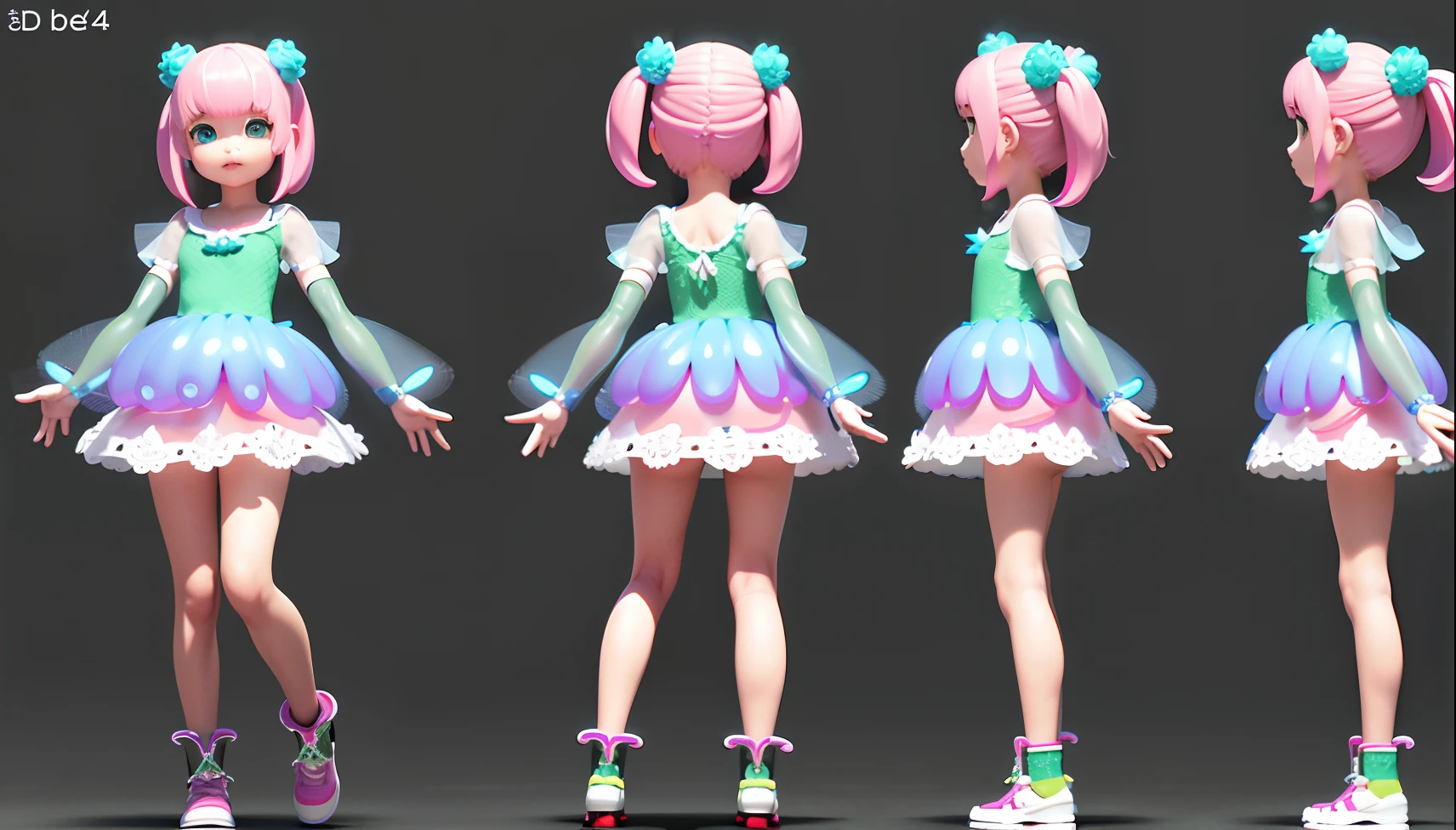 Real texture, natural light, 3D effect (full body) (same character, front, side, back) 3D hair, beautiful eyes, big black eyes, chib, fluorescent translucent, colorful, children, transparent, product design, Glowing jelly, delicate and cute, digital art, translucent plastic, close-up, 3d, super detailed, generated front view, side view, rear view three views, no borders, c4d, Octane rendering, Blender, HD, full body, simple background!