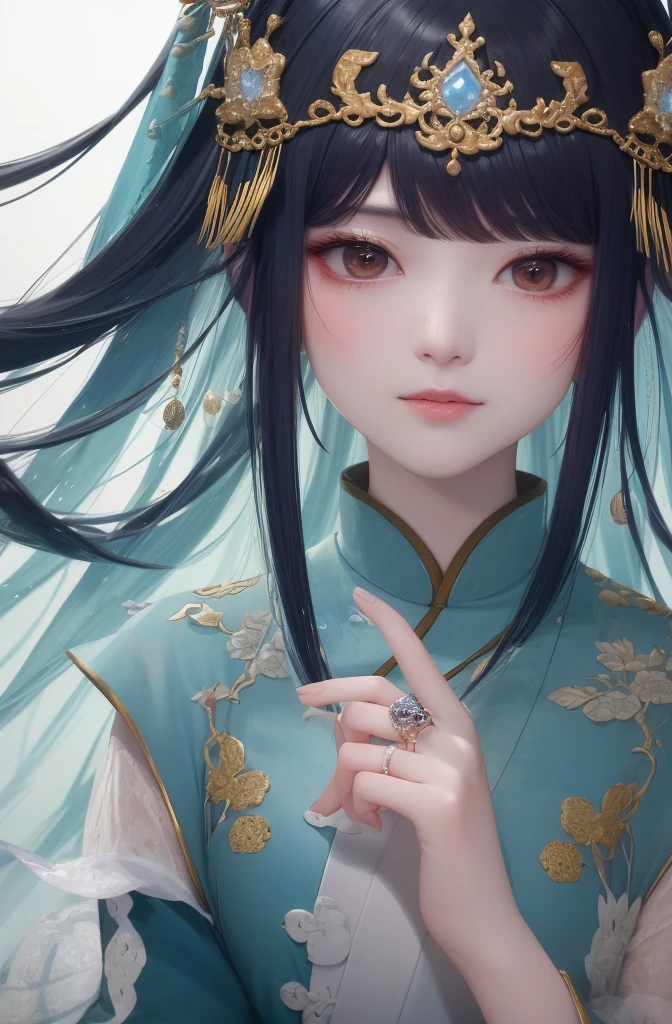 1. A close up of a woman in a dress with a ring on her finger, sha xi, ruan jia beautiful!, li zixin, xianxia fantasy, xianxia, xintong chen, inspired by Qiu Ying, lu ji, queen of the sea mu yanling, wenfei ye, yanjun chengt, xue han, jinyiwei. 2. a close up of a woman in a dress with a ring on her finger, a colorized photo inspired by Qiu Ying, tumblr, realism, sha xi, ruan jia beautiful! , li zixin, xianxia fantasy, xianxia, xintong chen, lu ji, queen of the sea mu yanling, wenfei ye, yanjun chengt.