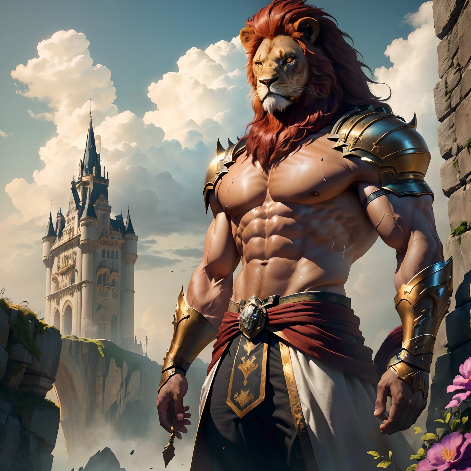 Muscular man, (lion head: 1.0), furry, orc, dressed as a prince standing on a cliff, flowers behind him, clouds in the sky, photo, cgi, (fighting posture: 1.2), iron fist, glowing eyes, (sweat: 1.3), wide waist, red hair, (Bucky: 1.2), purple eyes, teeth, (Steam: 1.0), high detail, castle, masterpiece, (HDR) (wallpaper) (movie lights) (sharp focus), Masterpiece, best quality, (very detailed CG unity 8k wallpaper), (best quality)
