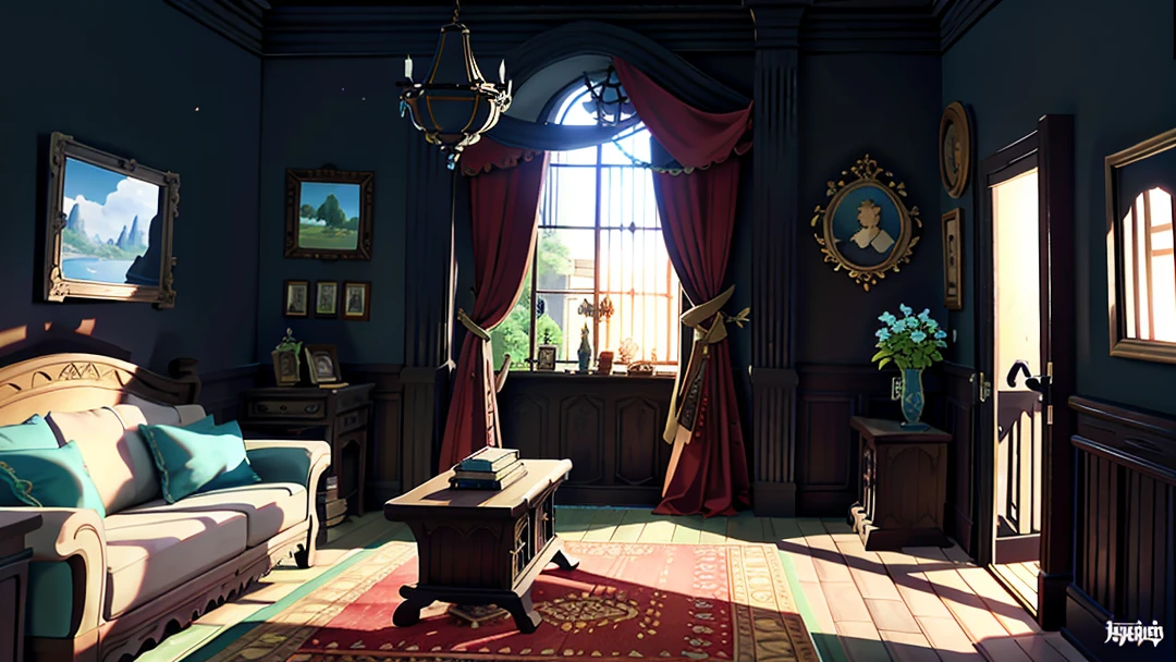 mengde, (((no humans))), (castle:1.3), room, living room, flower, masterpiece, sofa, game console, coffee table, cozy, modern, urban, premium, best quality, very detailed, movie lighting ,sharp focus,realistic,(high quality,best quality,high resolution),(ultimate phtoral concept art),realistic,photorealistic,