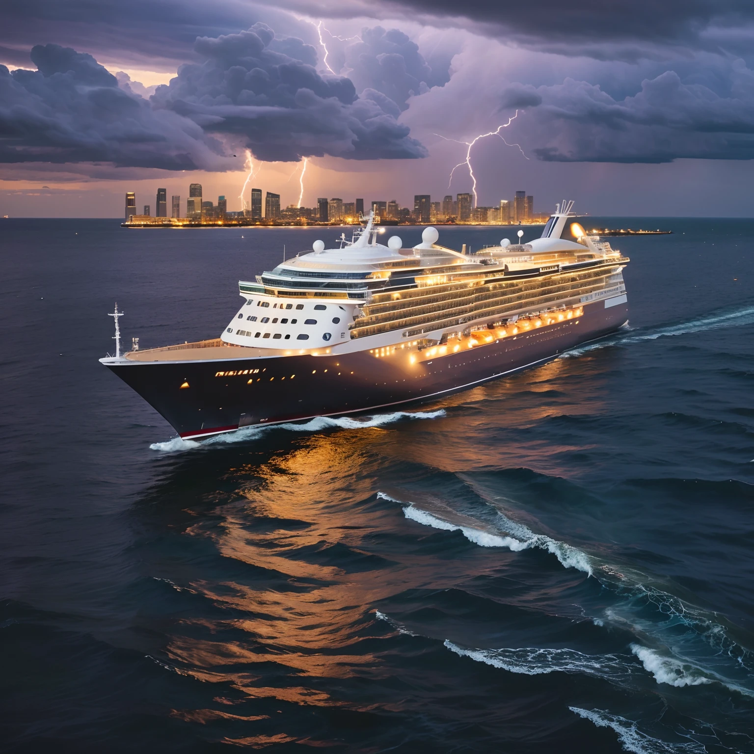 Dramatic lighting, highest quality, film still image, (storm clouds: 0.7), (stormy weather: 0.5), low natural light, (direct light: 0.4), 8mm film grain, using Sony a9 II, 24mm lens, F/2.8 aperture , deep focus, (original picture), 8k, large cruise ship, luxury cruise ship, city silhouette at sea level, (distant city: 1.4), speedboat,