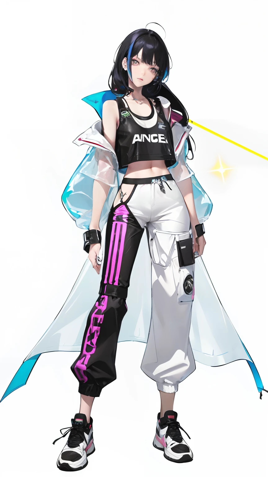 (sports vest: 1.6), no clothing on arm, photorealistic, (hyperrealistic: 1.2), masterpiece, best quality, bare wrist, black hair, (shoulder: 1.9), long hair, pure white background, croptop, Kpop Idol, short-sleeved T-shirt, hip-hop pants, colorful, 1 woman wearing a colorful PVC vest ((movie interference)), full body, wearing sneakers, beautiful eyes, sparkle, accessories, portrait, game original painting, c4d, blender, pretty Face, black bottom, 1 piece of women's clothing ((color laser transparent PVC material)) coat shoes, film interference, full body, beautiful eyes, luse, accessories, portrait, game art, character concept design, beauty, white bottom, masterpiece, Top Quality , High Quality, High Resolution