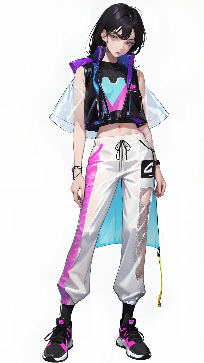 (sports vest: 1.6), no clothing on arm, photorealistic, (hyperrealistic: 1.2), masterpiece, best quality, bare wrist, black hair, (shoulder: 1.9), long hair, pure white background, croptop, Kpop Idol, short-sleeved T-shirt, hip-hop pants, colorful, 1 woman wearing a colorful PVC vest ((movie interference)), full body, wearing sneakers, beautiful eyes, sparkle, accessories, portrait, game original painting, c4d, blender, pretty Face, black bottom, 1 piece of women's clothing ((color laser transparent PVC material)) coat shoes, film interference, full body, beautiful eyes, luse, accessories, portrait, game art, character concept design, beauty, white bottom, masterpiece, Top Quality , High Quality, High Resolution