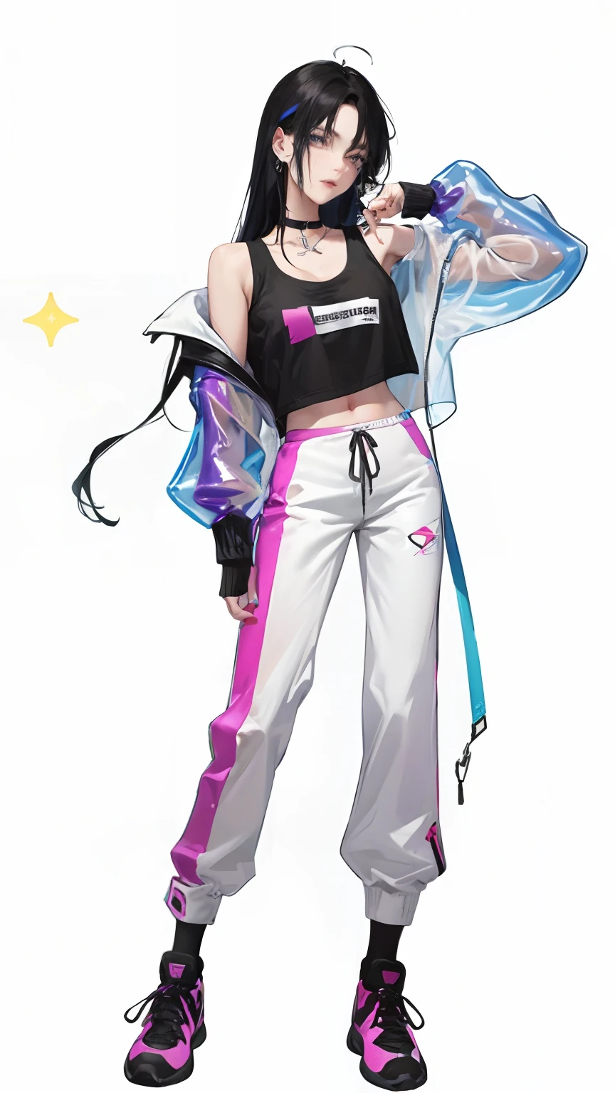 (sports vest: 1.6), no clothing on arm, photorealistic, (hyperrealistic: 1.2), masterpiece, best quality, bare wrist, black hair, (shoulder: 1.9), long hair, pure white background, croptop, Kpop Idol, short-sleeved T-shirt, hip-hop pants, colorful, 1 woman wearing a colorful PVC vest ((movie interference)), full body, wearing sneakers, beautiful eyes, sparkle, accessories, portrait, game original painting, c4d, blender, pretty Face, black bottom, 1 piece of women&#39;s clothing ((color laser transparent PVC material)) coat shoes, film interference, full body, beautiful eyes, luse, accessories, portrait, game art, character concept design, beauty, white bottom, masterpiece, Top Quality , High Quality, High Resolution