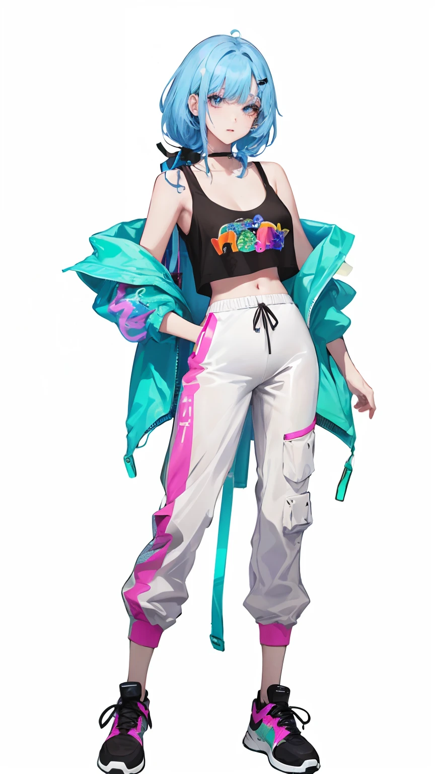 照片写实,(超写实:1.2),杰作,最佳质量,裸露手臂,黑发,(Shoulders: 1.9), long hair, pure white background, croptop, Kpop idol, short-sleeved T-shirt, hip-hop pants, colorful, 1 woman wearing a colorful PVC tank top ((movie interference)), full body, wearing sneakers, beautiful eyes , shine, accessories, portrait, game original painting, c4d, blender, pretty face, black bottom, 1 piece of women's clothing ((color laser transparent PVC material)) coat shoes, film interference, whole body, beautiful eyes, luse, accessories, portrait, Game Art, Character Concept Design, Beauty, White Background, Masterpiece, Top Quality, High Quality, High Resolution