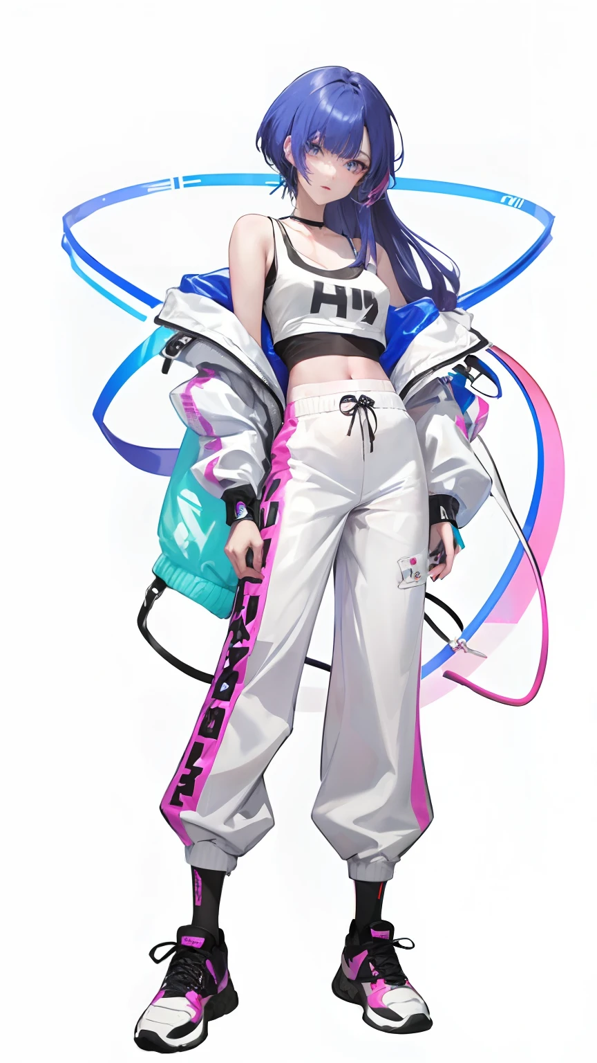 照片写实,(超写实:1.2),杰作,最佳质量,手臂,黑发,(Shoulders: 1.9), long hair, pure white background, croptop, Kpop idol, short-sleeved T-shirt, hip-hop pants, colorful, 1 woman wearing a colorful PVC tank top ((movie interference)), full body, wearing sneakers, beautiful eyes , shine, accessories, portrait, game original painting, c4d, blender, pretty face, black bottom, 1 piece of women's clothing ((color laser transparent PVC material)) coat shoes, film interference, whole body, beautiful eyes, luse, accessories, portrait, Game Art, Character Concept Design, Beauty, White Background, Masterpiece, Top Quality, High Quality, High Resolution