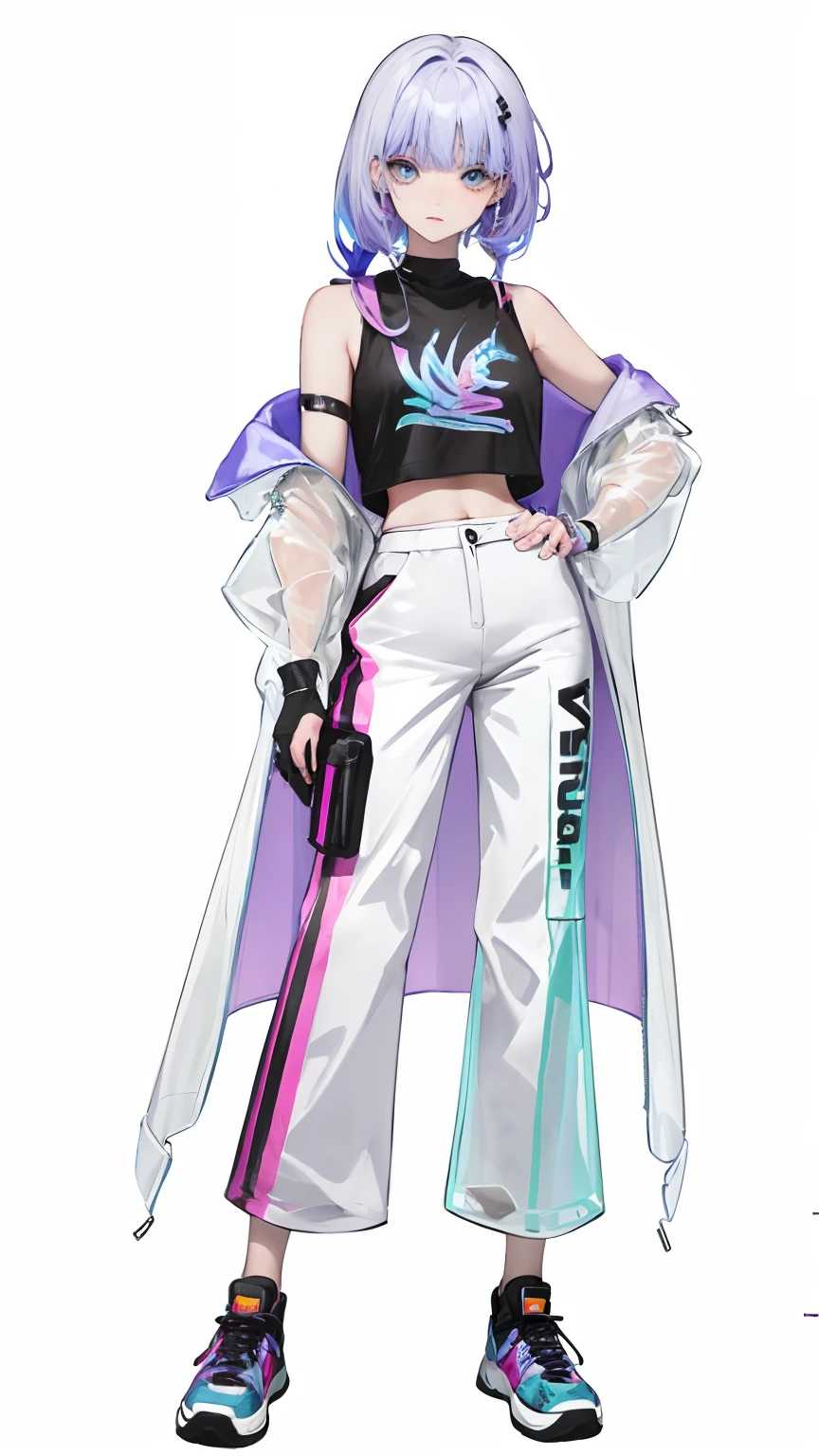 照片写实,(超写实:1.2),杰作,最佳质量,裸露手臂,黑发,(Shoulders: 1.9), long hair, pure white background, croptop, Kpop idol, short-sleeved T-shirt, hip-hop pants, colorful, 1 woman wearing a colorful PVC tank top ((movie interference)), full body, wearing sneakers, beautiful eyes , shine, accessories, portrait, game original painting, c4d, blender, pretty face, black bottom, 1 piece of women's clothing ((color laser transparent PVC material)) coat shoes, film interference, whole body, beautiful eyes, luse, accessories, portrait, Game Art, Character Concept Design, Beauty, White Background, Masterpiece, Top Quality, High Quality, High Resolution