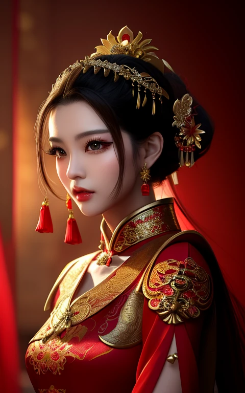 Best quality, 4k hd, realistic portrait, a woman in a red and gold dress posing for a photo, Chinese goddess, Chinese dress, gorgeous Chinese model, Chinese girl, beautiful Asian girl, Asian girl, Chinese princess, China Clothing, beauty fantasy queen, chinese woman, beautiful oriental woman, sexy busty dress, korean girl, cheongsam, asian super detailed, asian woman, beautiful asian woman, seductive. Woman in red and gold dress posing for photo, Yu Zhiding statue, cg social trend, fantasy art, exhibitionism, hands on fierce, slit, sexy dress,