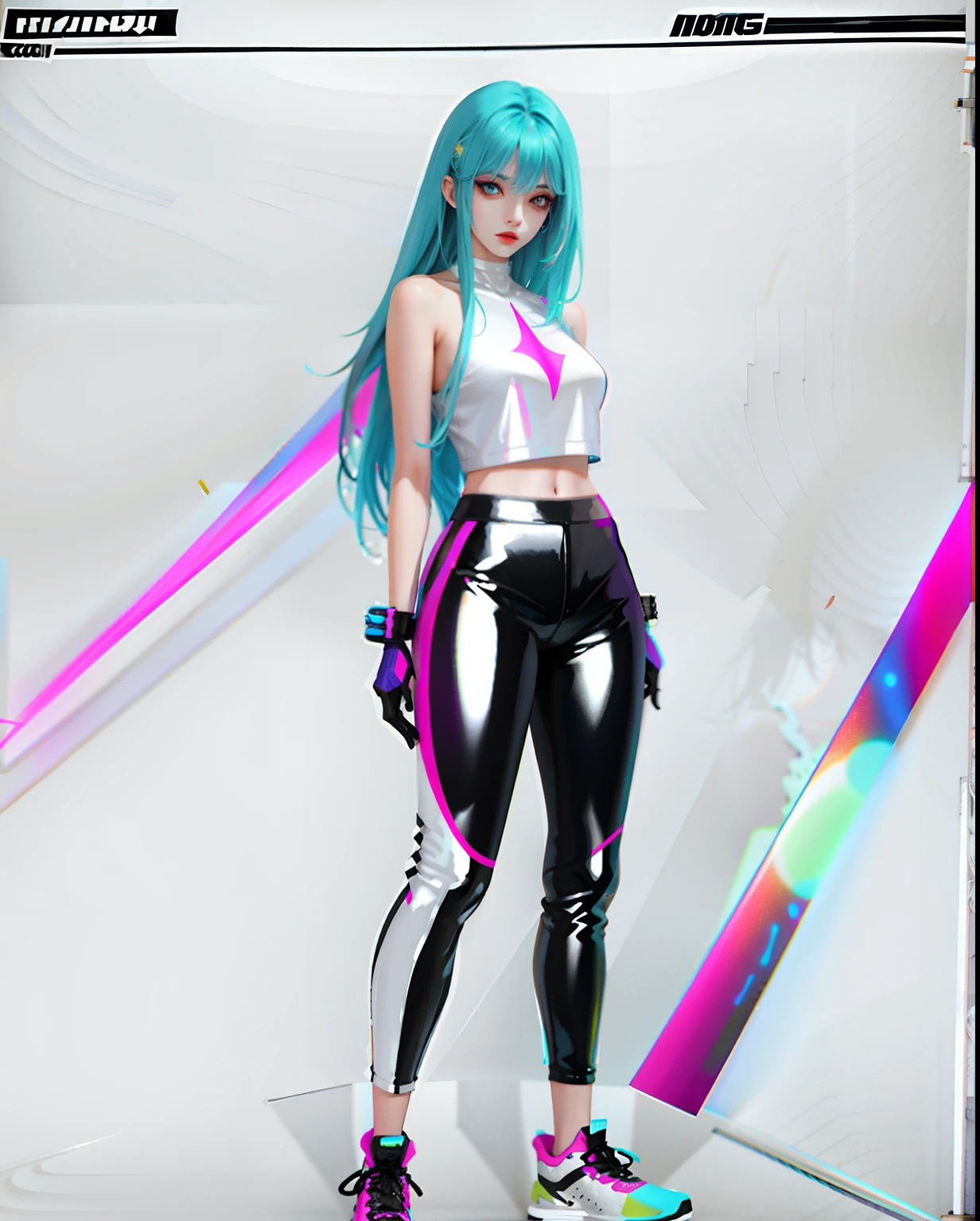 (Shoulders: 1.9), long hair, pure white background, croptop, Kpop idol, short-sleeved T-shirt, hip-hop pants, colorful, 1 woman wearing a colorful PVC tank top ((movie interference)), full body, wearing sneakers, beautiful eyes , shine, accessories, portrait, game original painting, c4d, blender, pretty face, black bottom, 1 piece of women&#39;s clothing ((color laser transparent PVC material)) coat shoes, film interference, whole body, beautiful eyes, luse, accessories, portrait, Game Art, Character Concept Design, Beauty, White Background, Masterpiece, Top Quality, High Quality, High Resolution