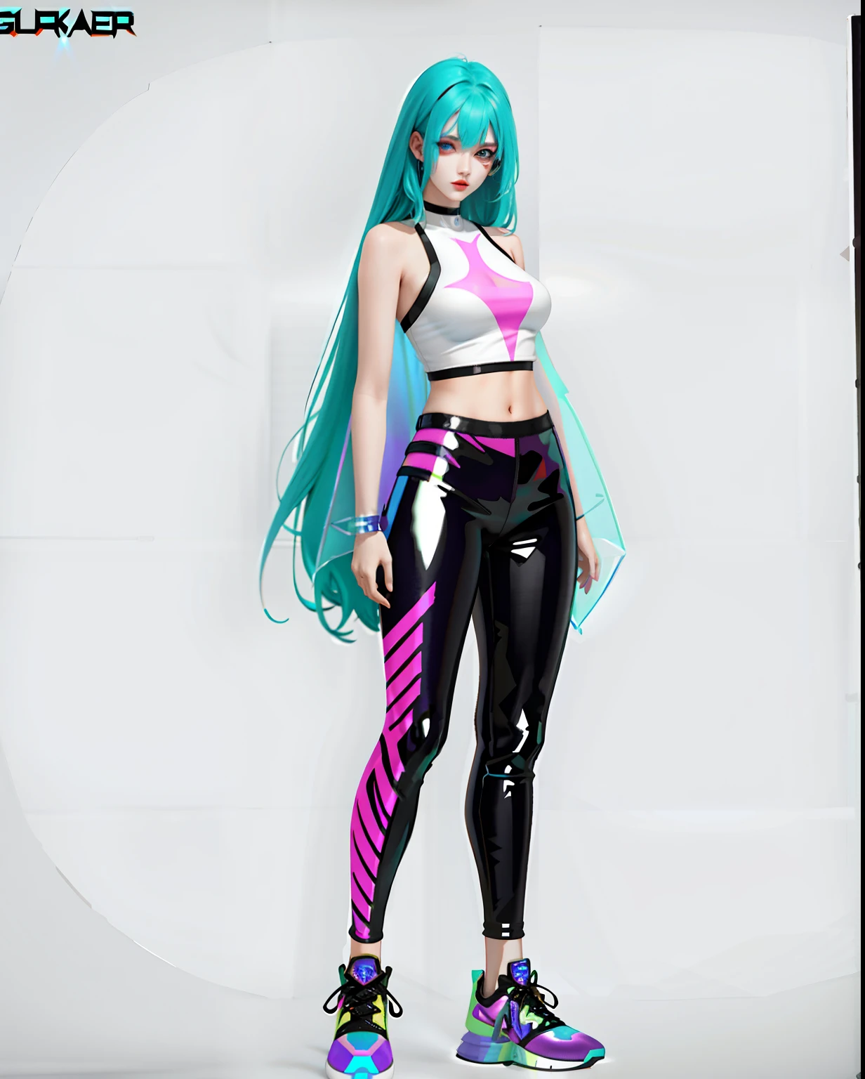 (Shoulders: 1.9), long hair, pure white background, croptop, Kpop idol, short-sleeved T-shirt, hip-hop pants, colorful, 1 woman wearing a colorful PVC tank top ((movie interference)), full body, wearing sneakers, beautiful eyes , shine, accessories, portrait, game original painting, c4d, blender, pretty face, black bottom, 1 piece of women&#39;s clothing ((color laser transparent PVC material)) coat shoes, film interference, whole body, beautiful eyes, luse, accessories, portrait, Game Art, Character Concept Design, Beauty, White Background, Masterpiece, Top Quality, High Quality, High Resolution