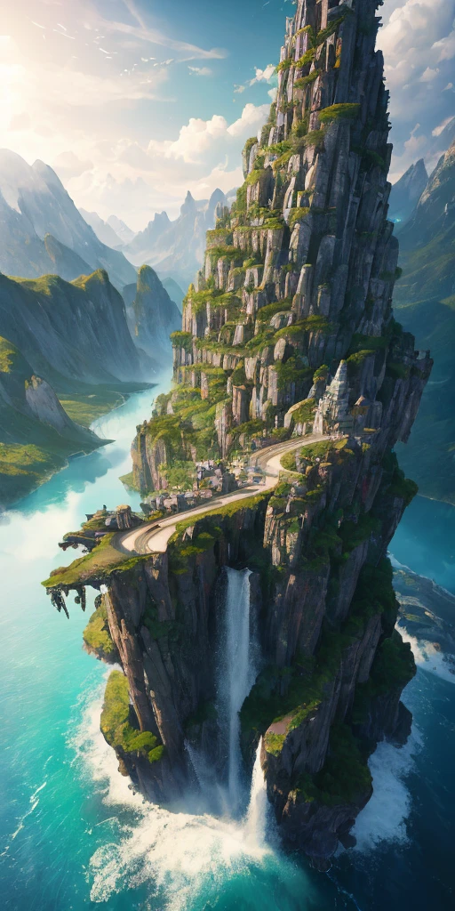 Masterpiece, best quality, high quality, extremely detailed CG unity 8k wallpaper, landscape, outdoor, sky, cloud, sky, no humans, mountain, landscape, water, tree, blue sky, waterfall, cliff, nature, lake, river , cloudy skies, award winning photography, bokeh, depth of field, HDR, bloom, chromatic aberration, photorealism, very detailed, trending on artstation, trending on CGsociety, intricate, high detail, dramatic, midjourney art