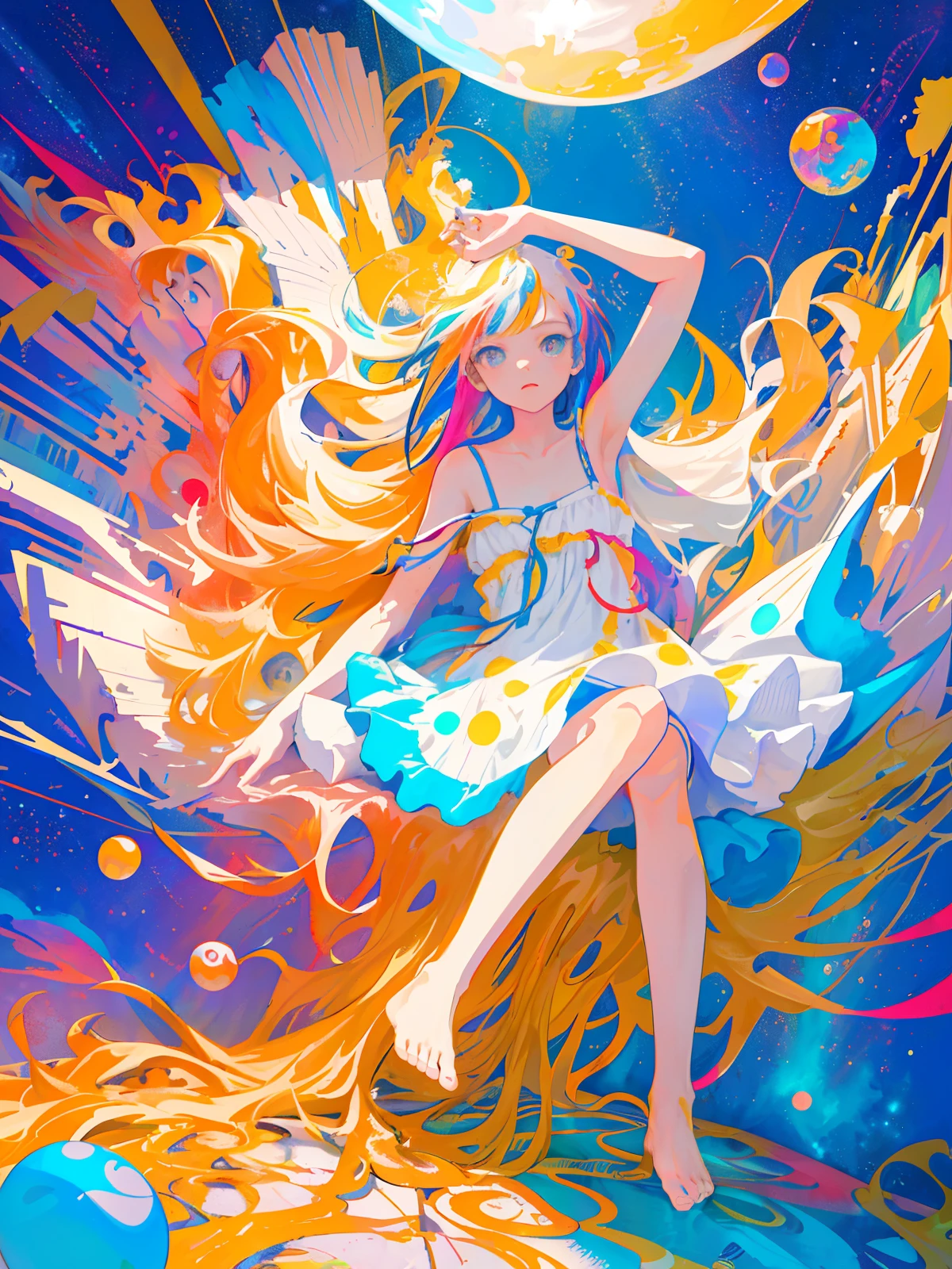 (masterpiece, best quality:1.2), (ultra detailed),(illustration), wallpaper, original,
1girl, messy (((colorful and dynamic  ))) hair, spaghetti strap, white dress, bare legs, bare feet, bare arms, space, Earth background, near-earth orbit, full body,
,(surrounded by colorful splashes and dot),colorful bubble,(shining)