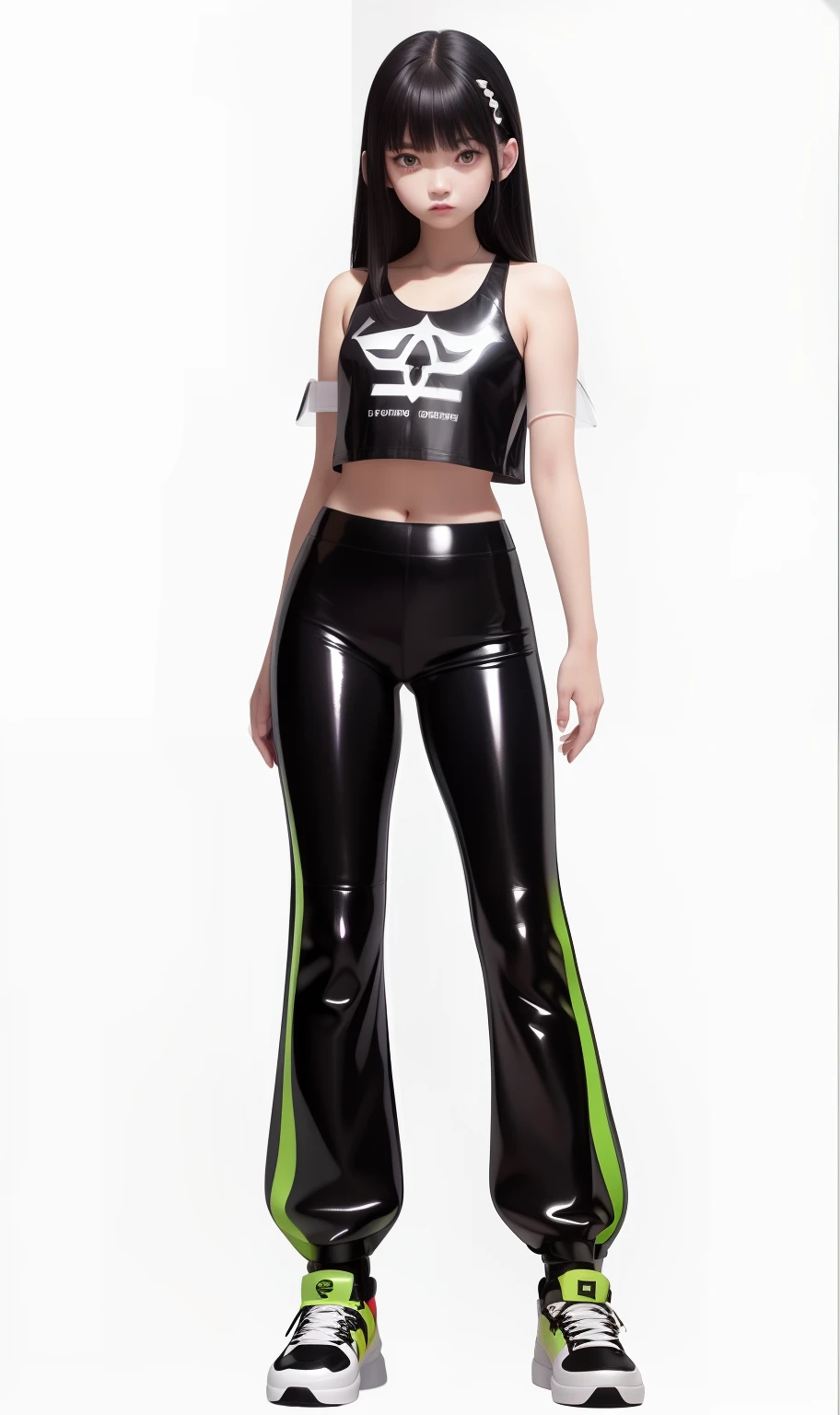 (Shoulders: 1.9), long hair, pure white background, croptop, Kpop idol, short-sleeved T-shirt, baggy hip-hop pants, colorful, 1 woman wearing a colorful PVC vest ((movie interference)), full body, wearing sneakers, Beautiful eyes, shine, accessories, portraits, original game paintings, c4d, blender, pretty faces, black bottom, 1 piece of women's clothing ((color laser transparent PVC material)) coat shoes, film interference, full body, beautiful eyes, luse, accessories, portrait , Game Art, Character Concept Design, Beauty, White Background, Masterpiece, Top Quality, High Quality, High Resolution