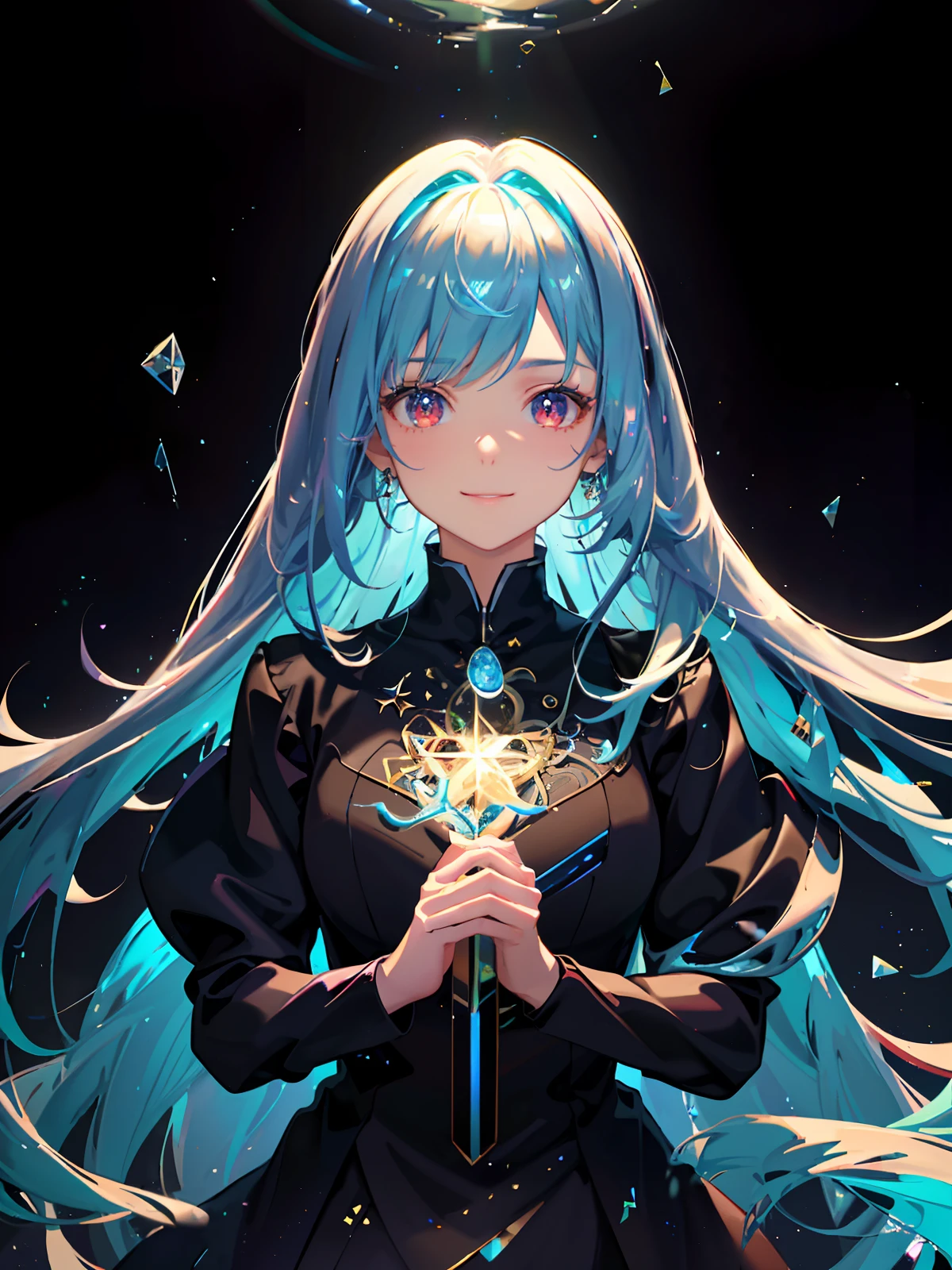 (Masterpiece, Best Quality, Ultra Detail, Best Shadow), (White Background), (Beautiful detail Face), High Contrast, (Best Lighting, Extremely Delicate and Beautiful), (Cinematic Light)), Bright Colors, Hyperdetail, Intricate Detail , (1 girl, happy smile, reflective colored hair, pointed face, fluorescent hair, fluorescent long coat (broken glass), fluorescent dress, red eyes, hair between the eyes), shimmer around the character, colored light particles, Magic array, cyberpunk style, floating, (high saturation), (colorful splash), colorful bubbles, (shine), flowing hair, bangs, headband, flowing flowers, flowing hair. Girls, anime waifu , looking at viewer, highly detailed, reflective transparent iridescent, long transparent iridescent RGB hair